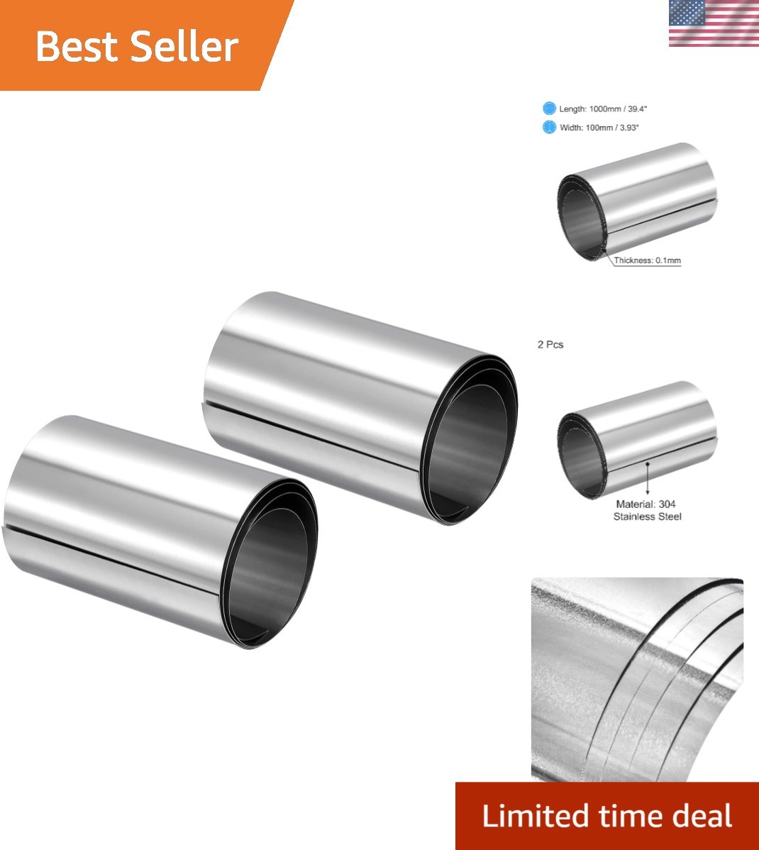 Durable 0.1mm Stainless Steel Sheet Roll – 100x1000mm for Various Applications