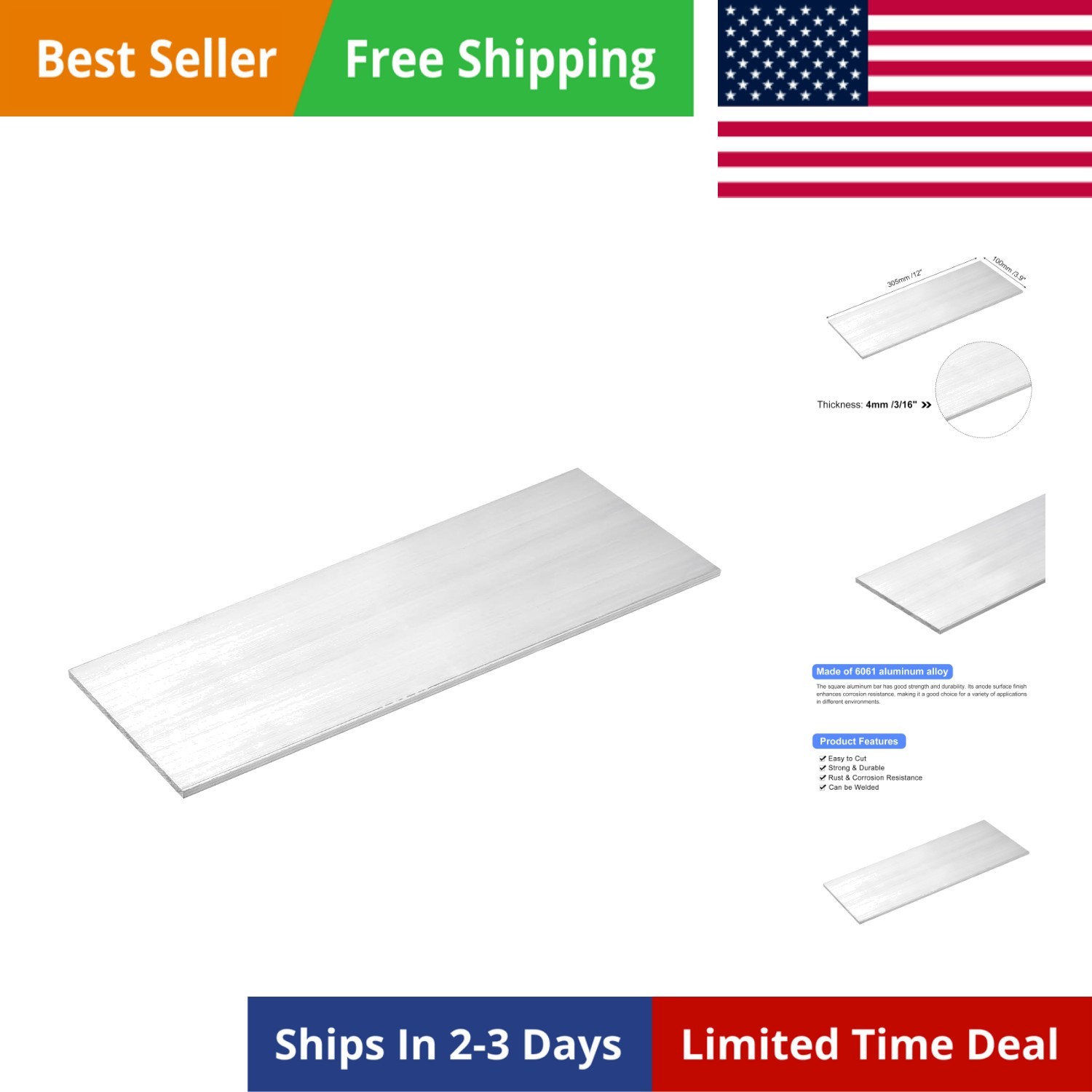 Square Aluminum Flat Bar, 3/16″ Thick 3.9″ Width 12″ Length Square Aluminum B…