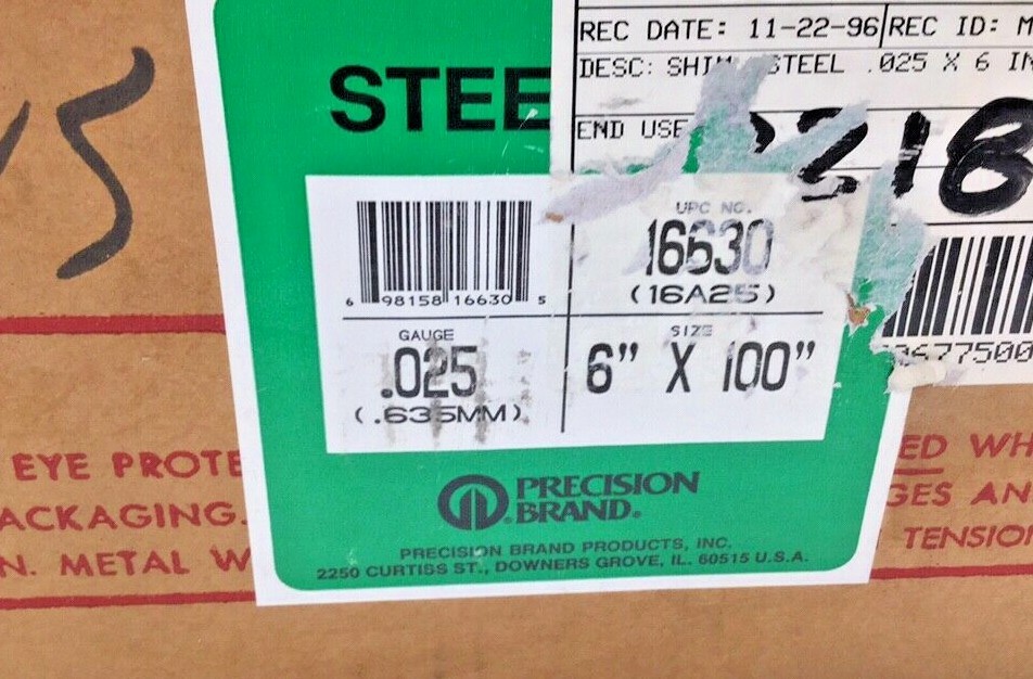 Precision Brand 16630 0.025″ Gage Steel Shim 6″ x 100″ Roll 698158 16A25