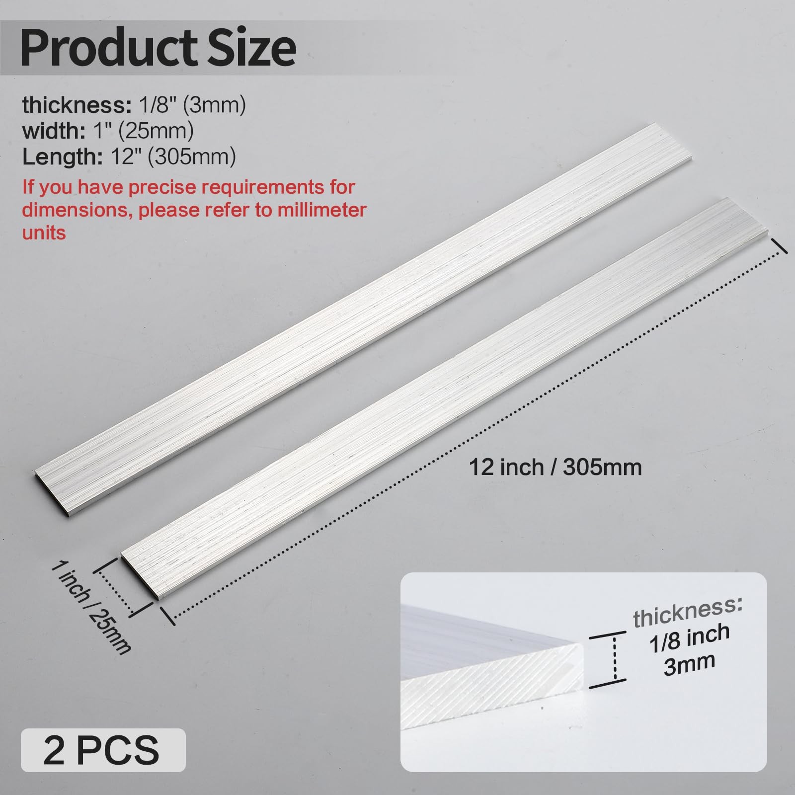 6061 Aluminum Flat Bar T6511 Solid Mill Stock 1/8 x 1 Inch x 12 Inch 2 PCS