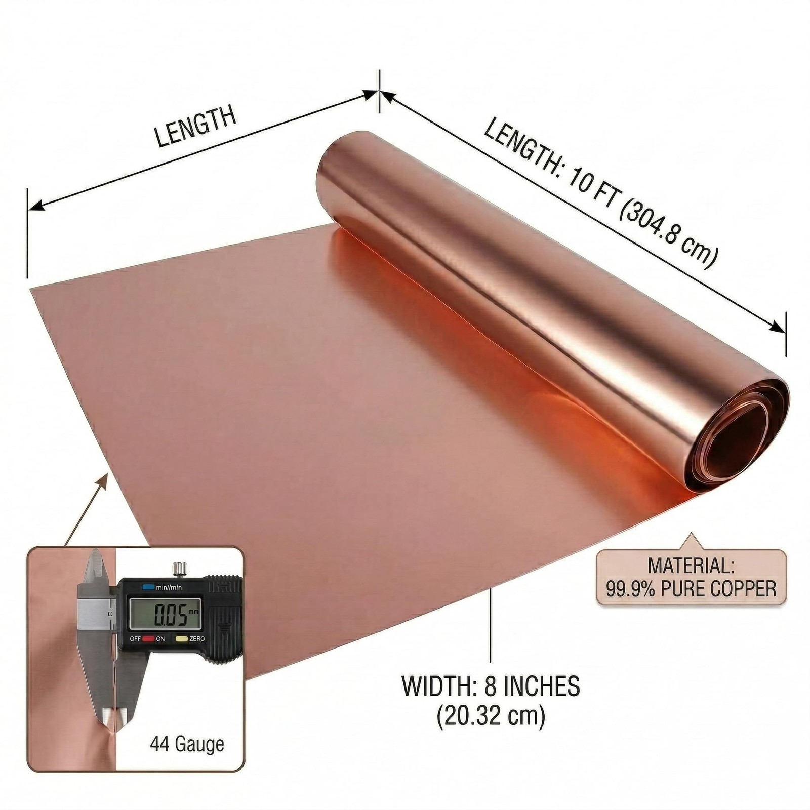 Copper Sheet Crafting Electrical Projects 44 Gauge 0.05mm 8 Inch x 10ft Roll