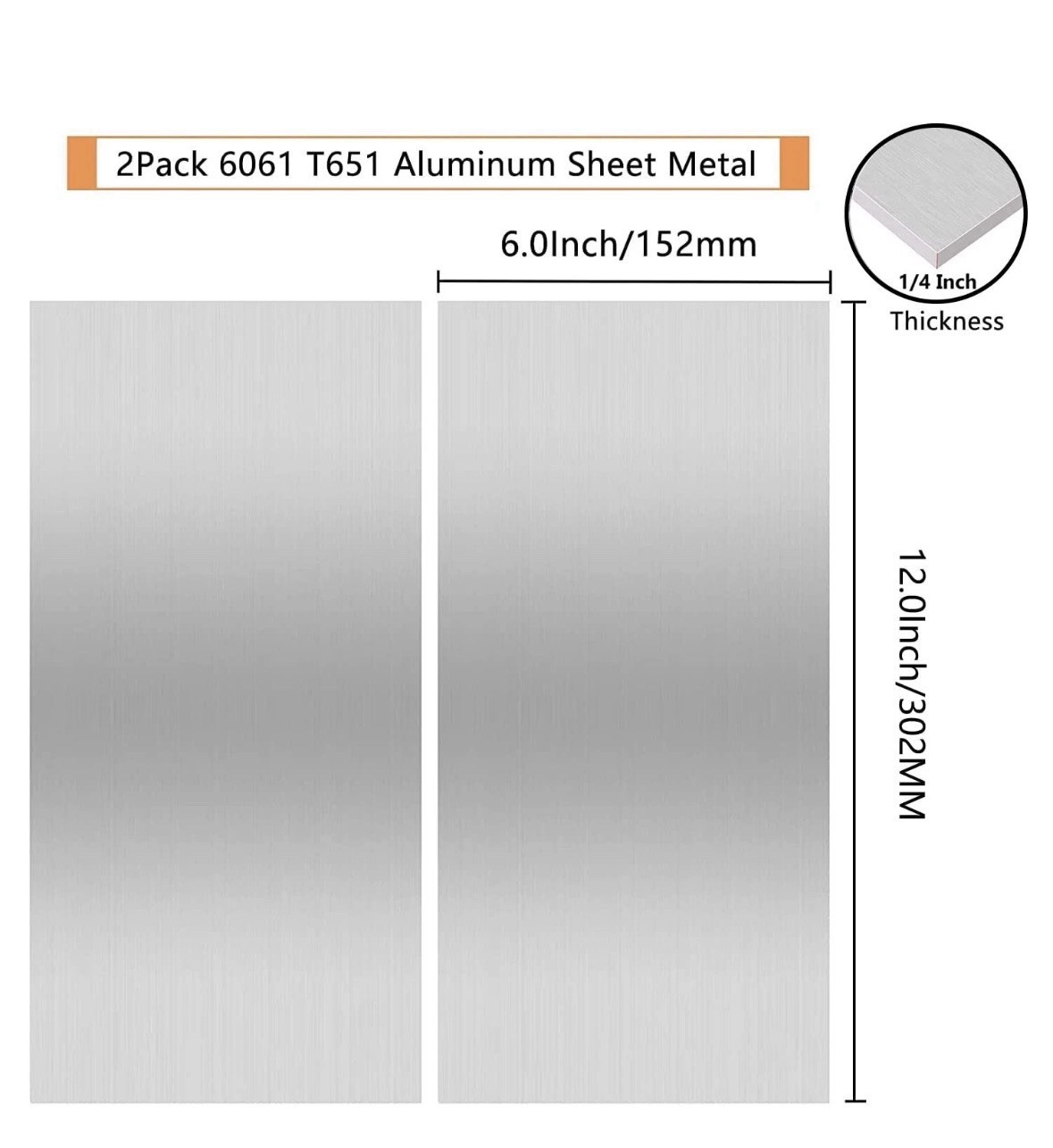2Pack 6061 T651 Aluminum Sheet Metal 6 x 12 x 1/4 (6MM) Inch Flat Plain