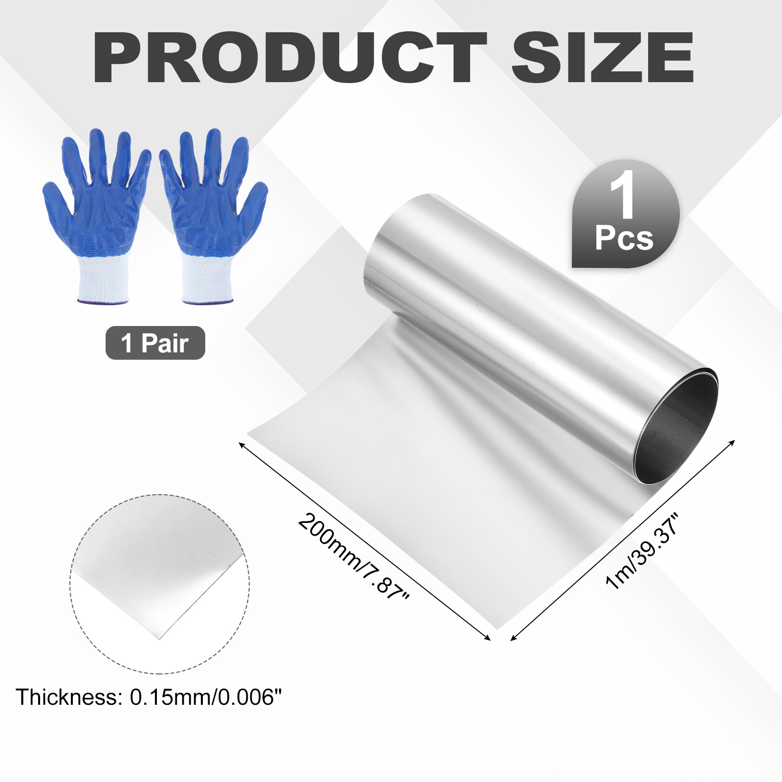 0.15 x 200mm x 1m 304 Stainless Steel Foil Roll Metal Strip Plate Sheet w Glove