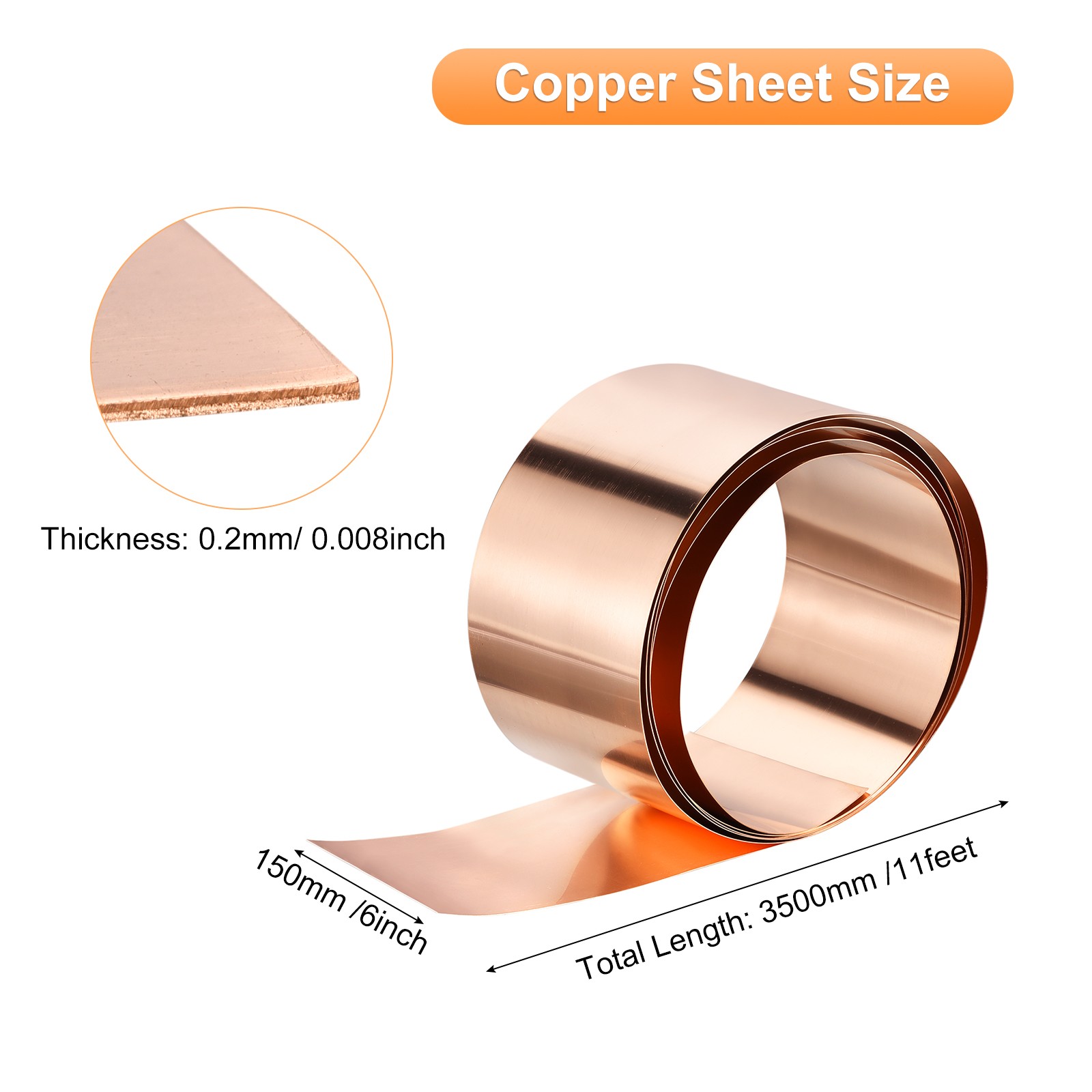Copper Sheet Roll 3500mm x 150mm x 0.2mm 99.9% Pure Copper Strip Copper Flashing