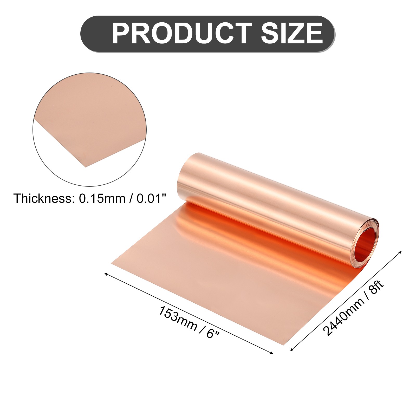 Pure Copper Sheet Roll, 0.15mm 19Ga Thick T2 8Ft x 6in Copper Strip for Craft