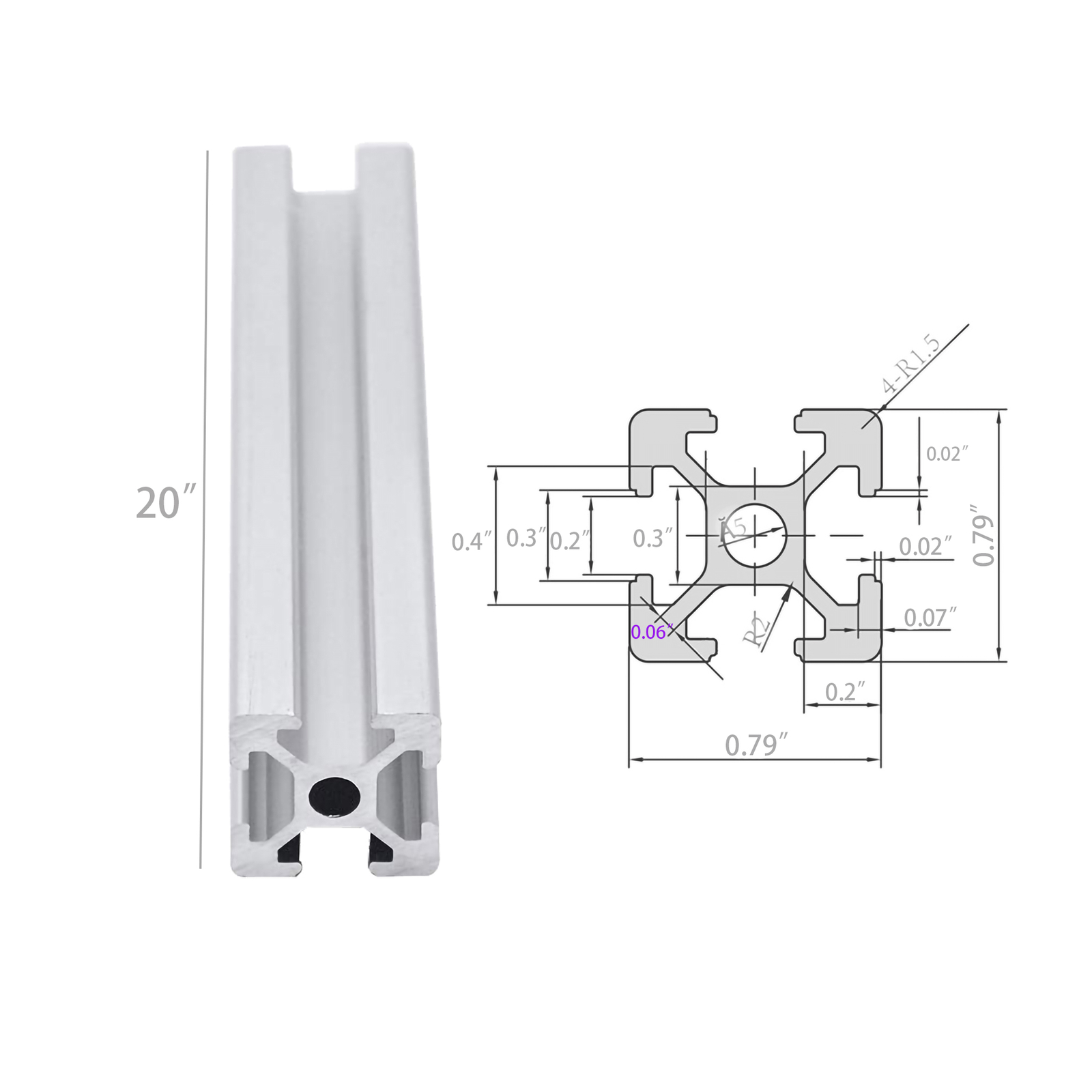 20 Inch T Slot 2020 Aluminum Extrusion European Standard Anodized Linear Rail