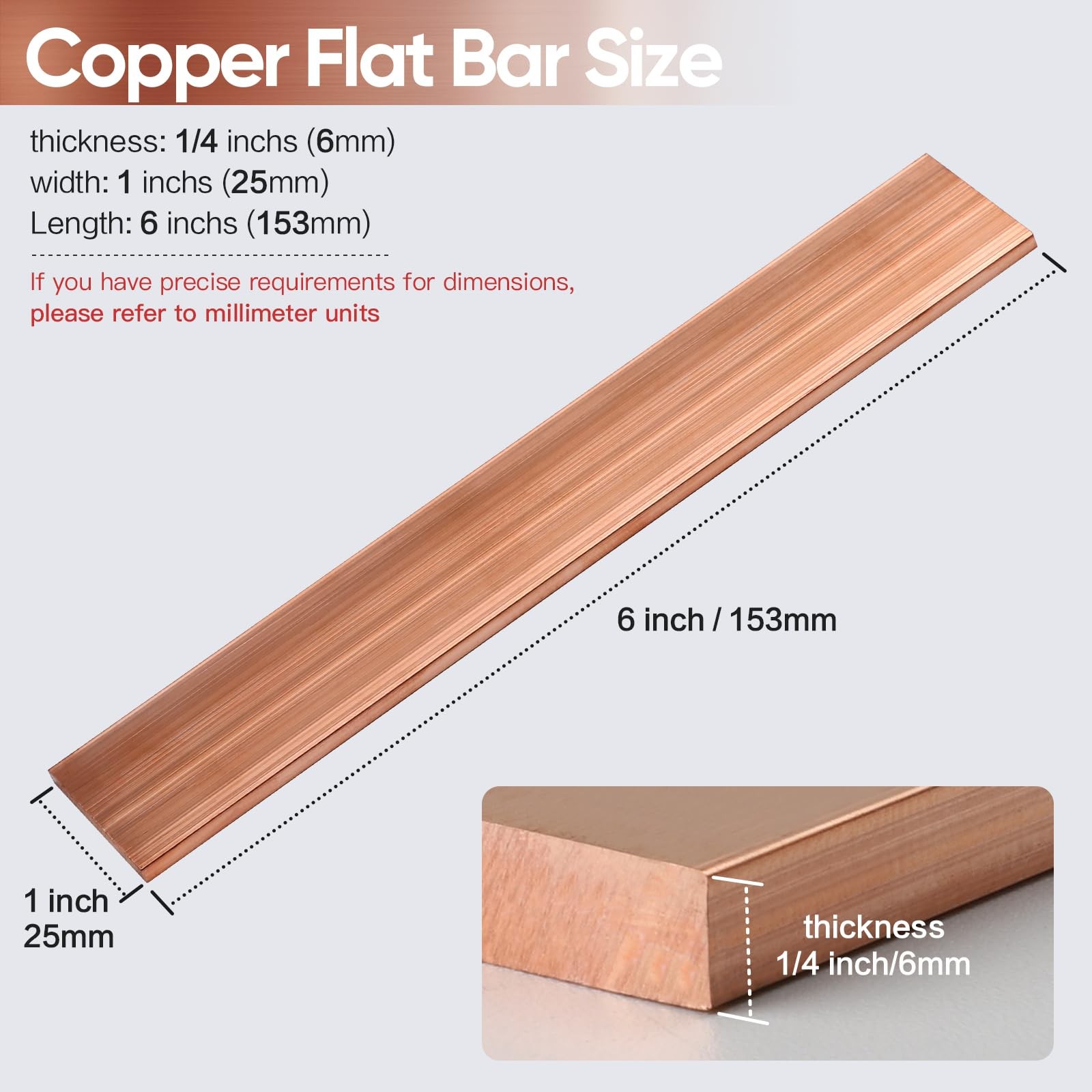 1 PCS 1/4x1x6 Inch C11 Solid Pure Copper Flat Bar Stock Plate For DIY Craft