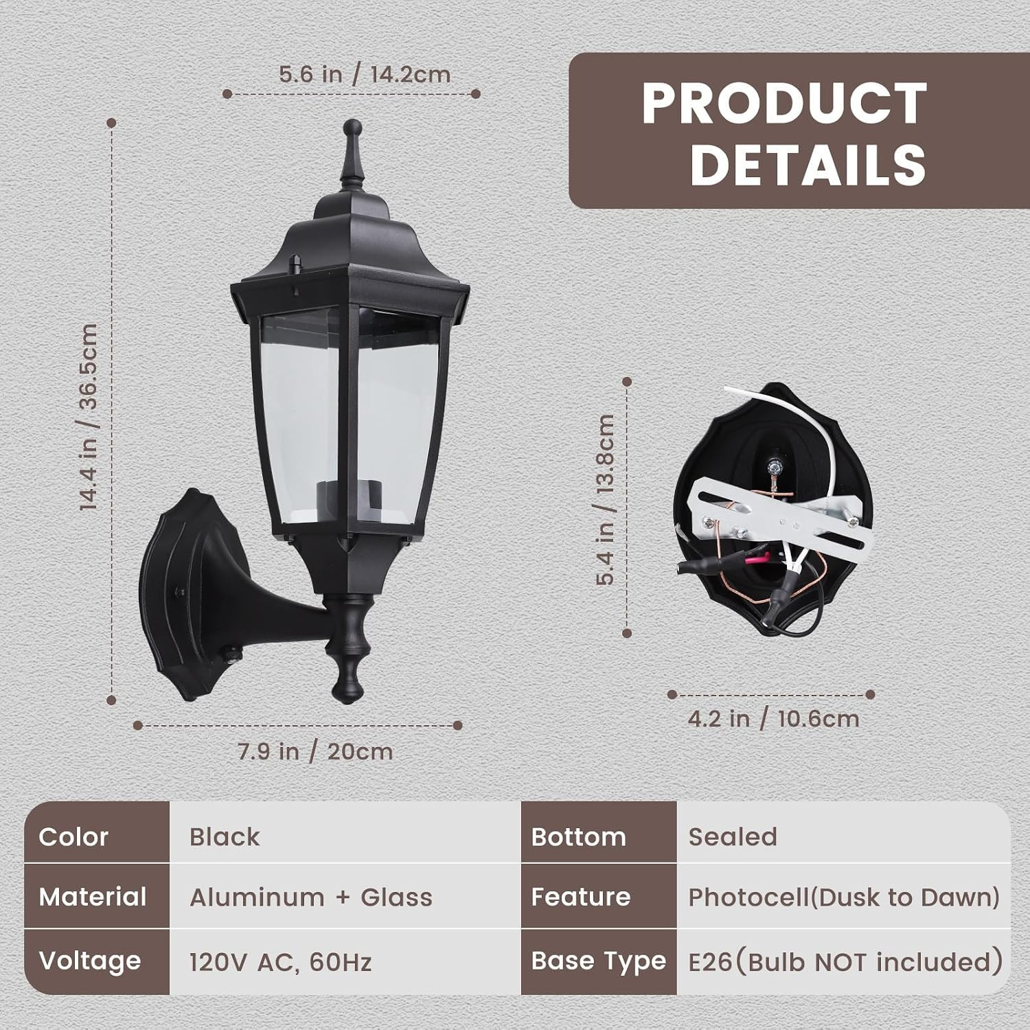Die-Cast Aluminum & Glass Dusk to Dawn Photocell-Controlled Outdoor Wall Light,