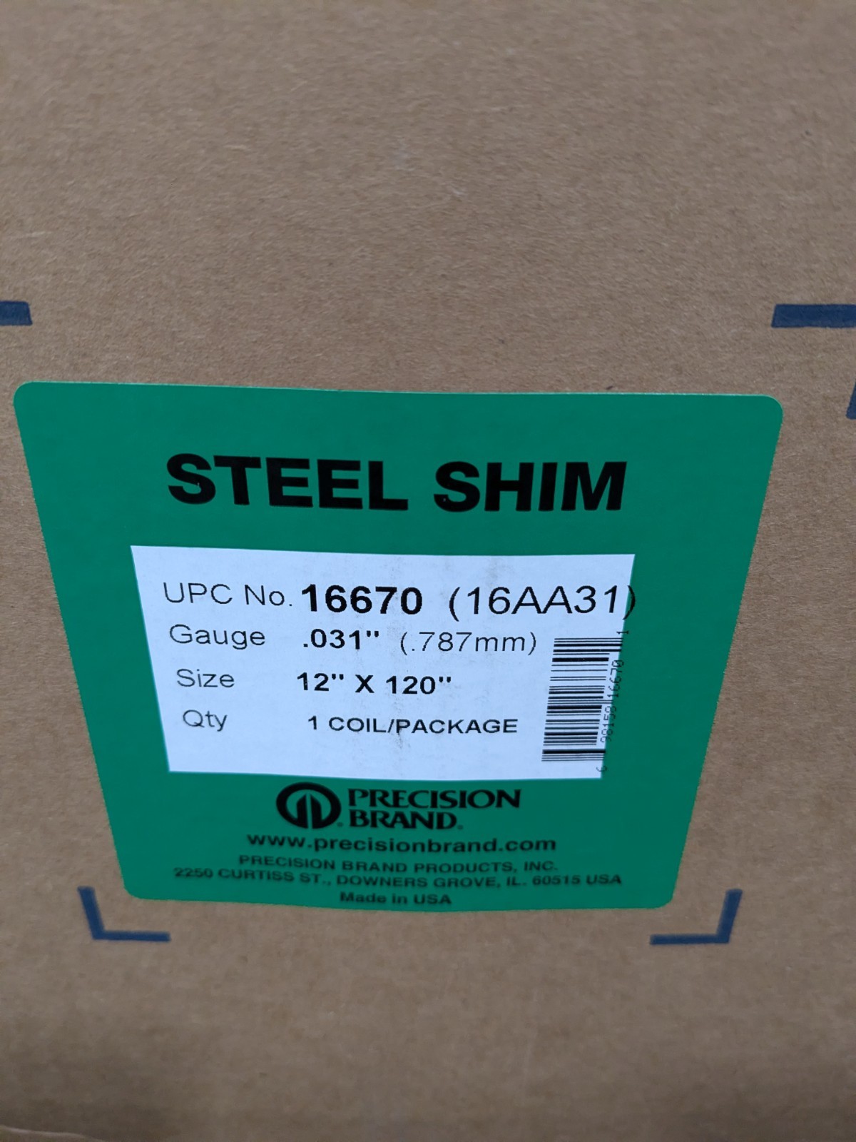 Precision Metal Shim Stock: Roll, 0.0310" T, 120" L, 12" W, 1010