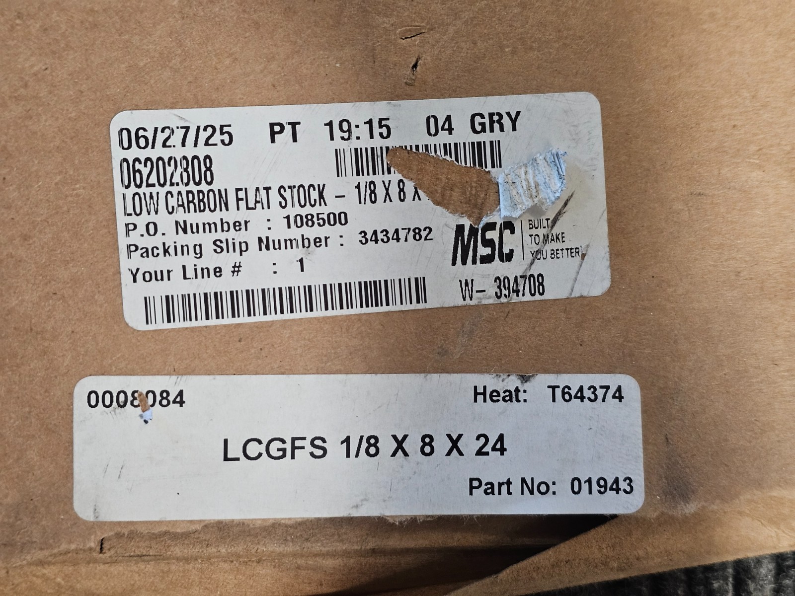 MSC 06202808 24 x 8 x 1/8 Inch, AISI Grade A36, Low Carbon Steel Flat Stock