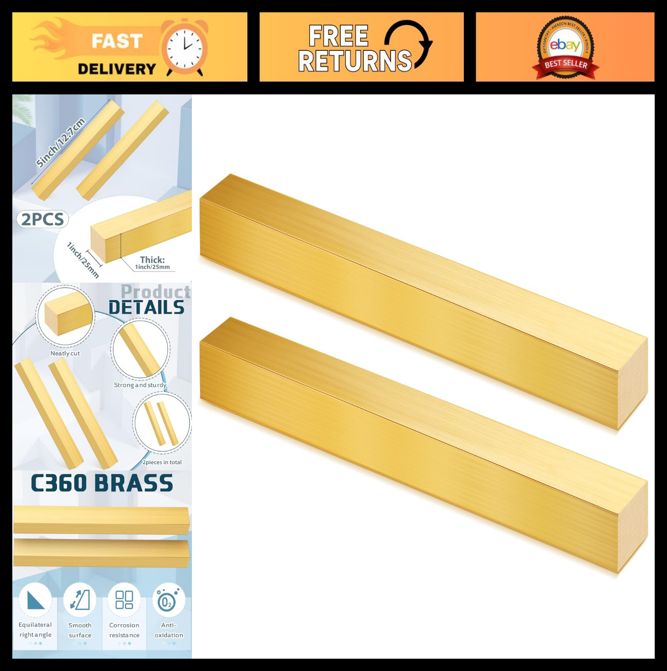 2 Pack 1″ x 1″ C360 Brass Flat Bar Blank, 5″ Long Sheet for Craft & Knife Making