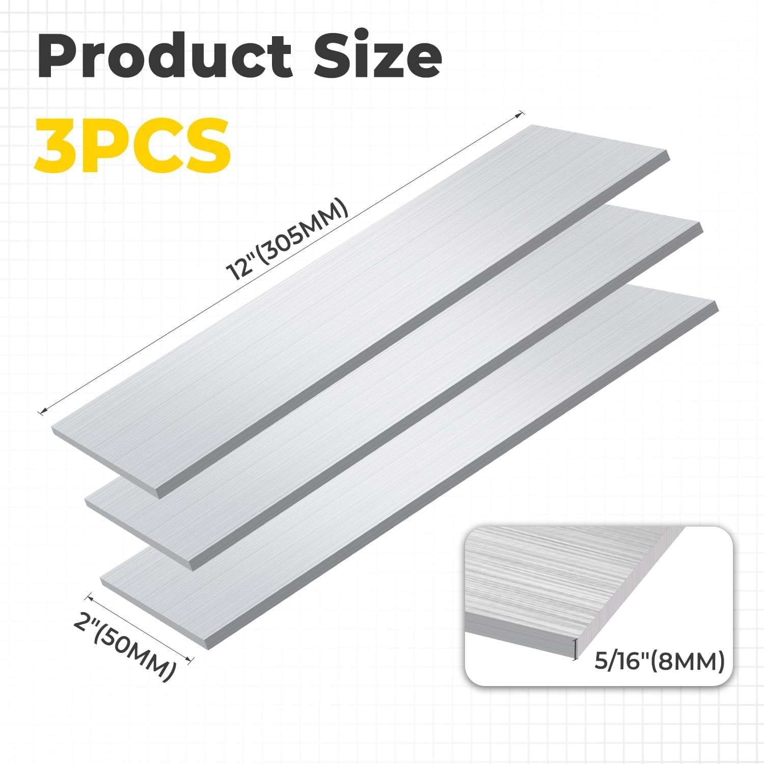 3 PCS 6061 Aluminum Flat Bar 5/16x2x12 Inch Stock Strips Fabrication Metal