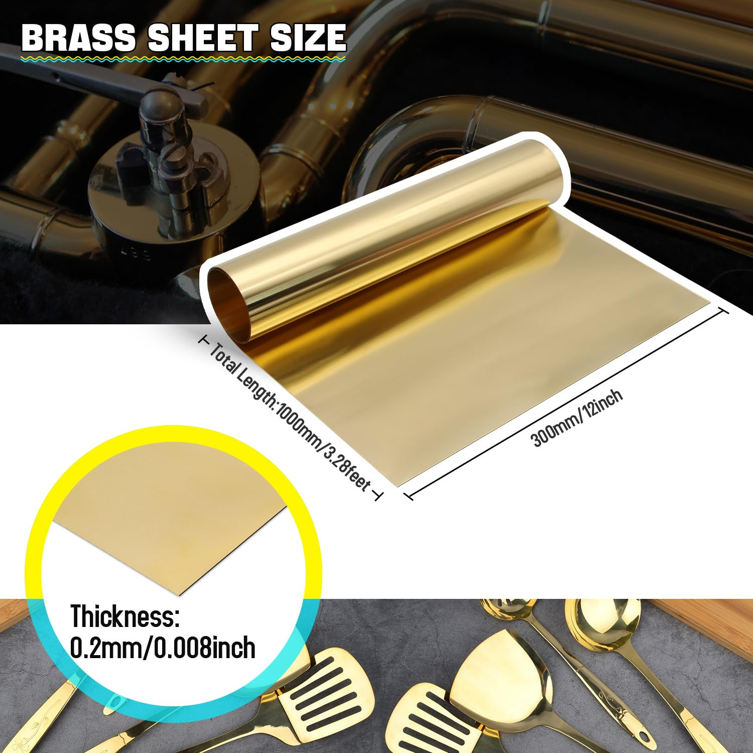 Brass Sheet Roll, Gold Foil Sheets-1000mm x 300mm x 0.2mm Thin Brass Metal Foil