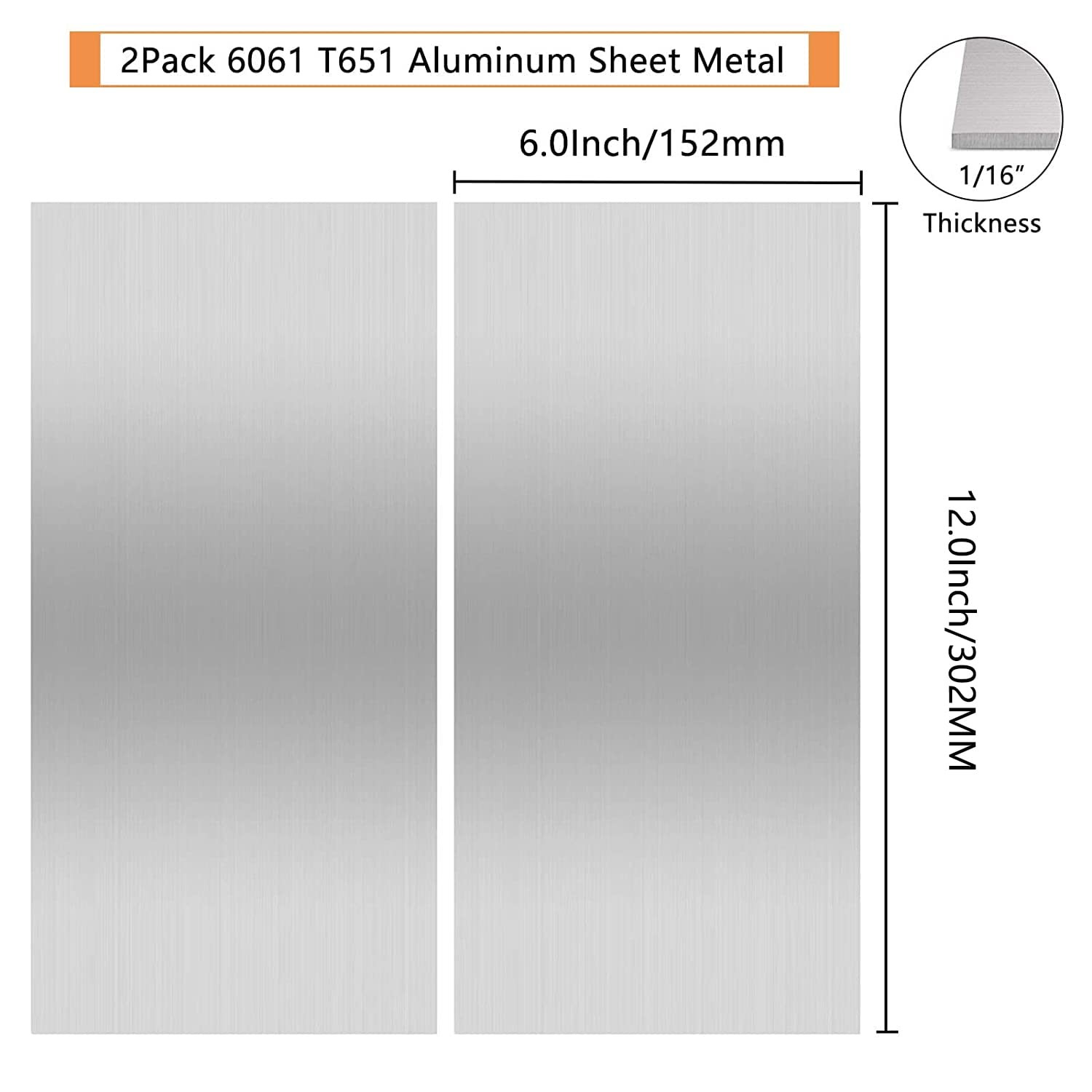 2Pack 6061 T651 Aluminum Sheet Metal 6″ x 12″ x 1/16″0.06” Flat Plain Thin Al…