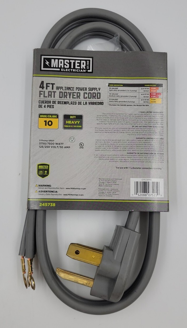 Master Electrician 09124ME 4-Feet Gray Flat Dryer Cord 10 Guage Heavy Brand New