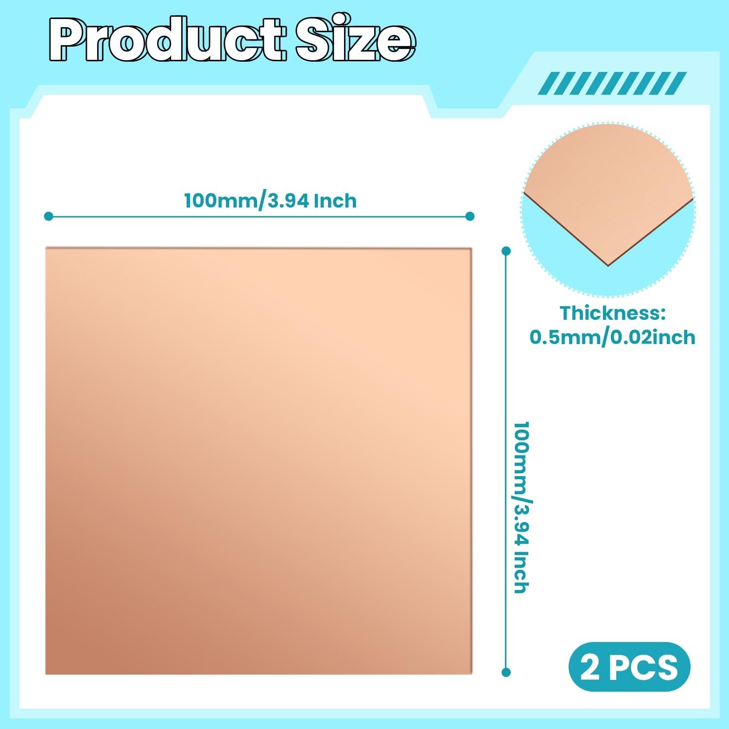 Copper Sheet, 2 Pieces of Copper Plates 4″×4″-24 Gauge(0.5mm) Thickness, 99