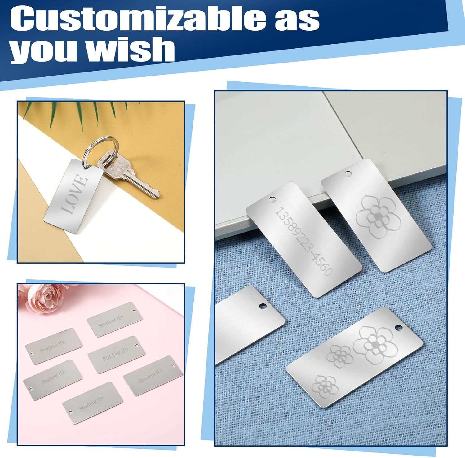 60 Pcs Metal Engraving Blanks, 1 X 2 Inch Blank Stainless Steel Tags Rectangle M