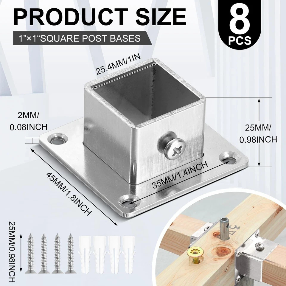 MorningRo 8 Pcs Square Post Bases 1″ x Stainless Steel Flange silver