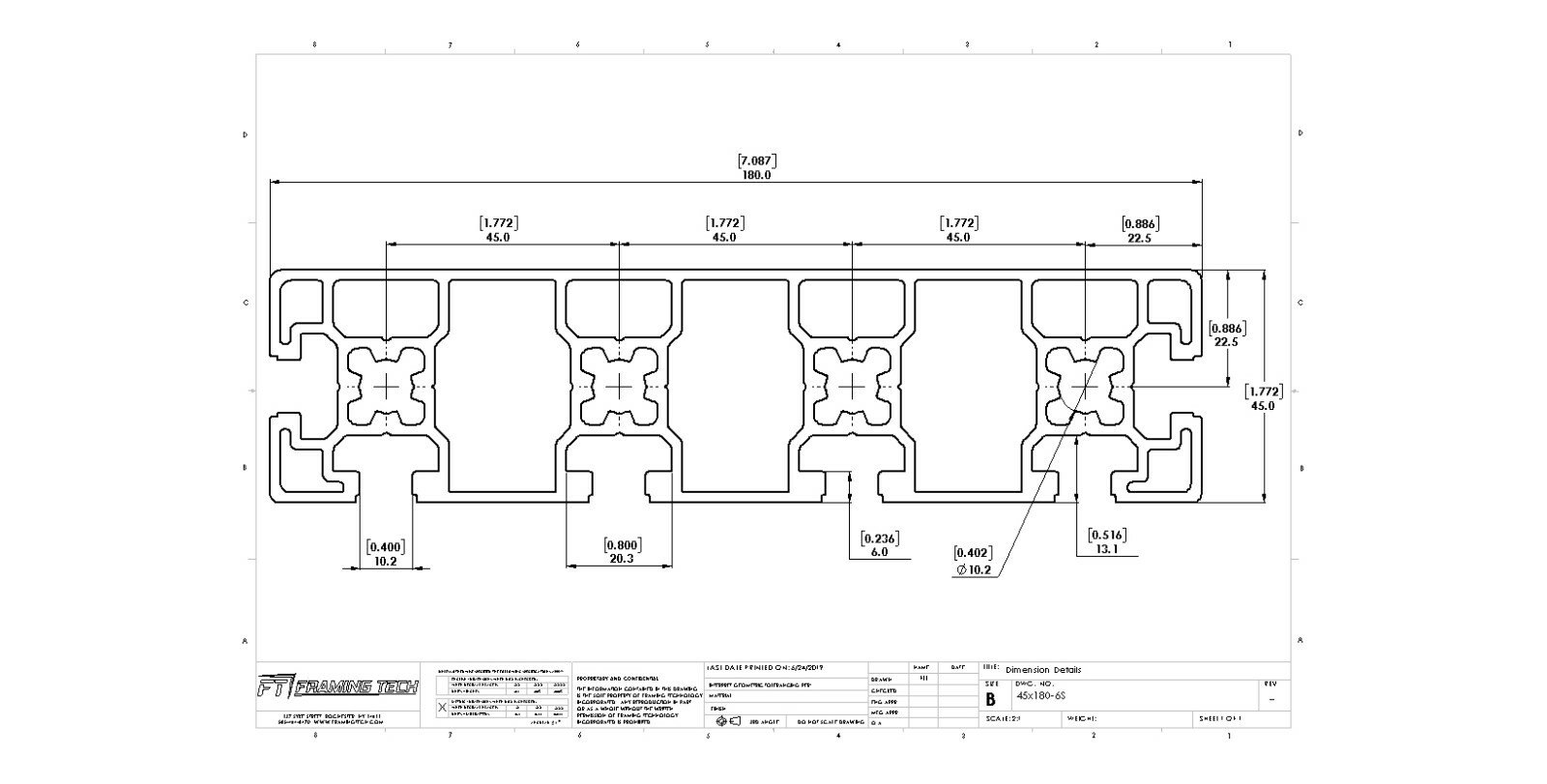 45×180-6S Aluminum T-Slot Profile-10mm T-Slot-1320mm 60″ Long (4)PK