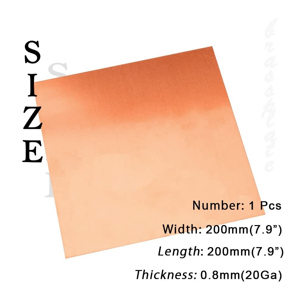 20 Gauge 99.9% Pure Copper Sheet, 1 Pcs 0.03″ x 7.9″ x 7.9″ Copper Plates Bra…