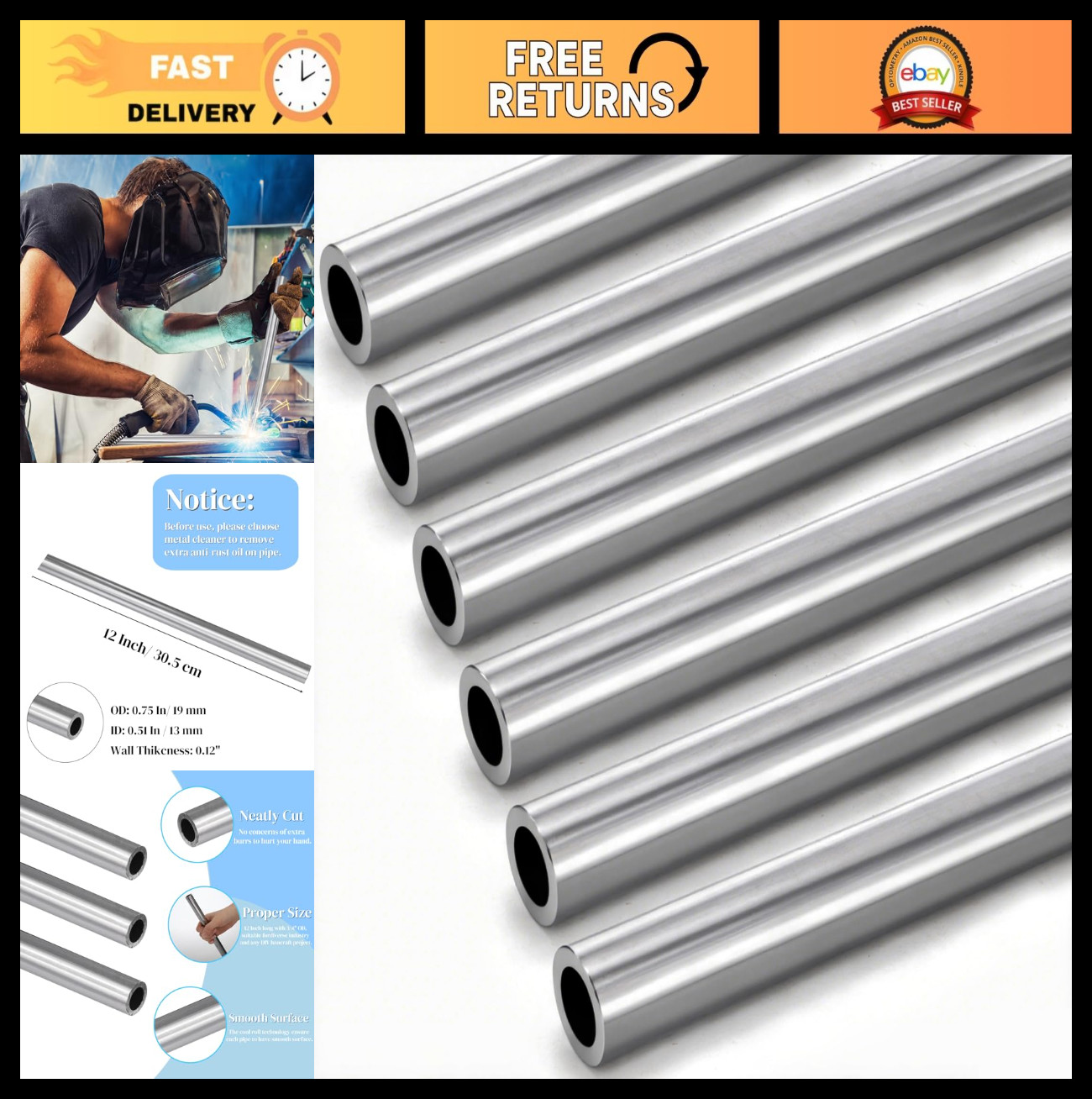 6 Pack 3/4″ OD Steel Tubing, Seamless Round Pipe, Weldable Metal Tube, 12″ Lengt
