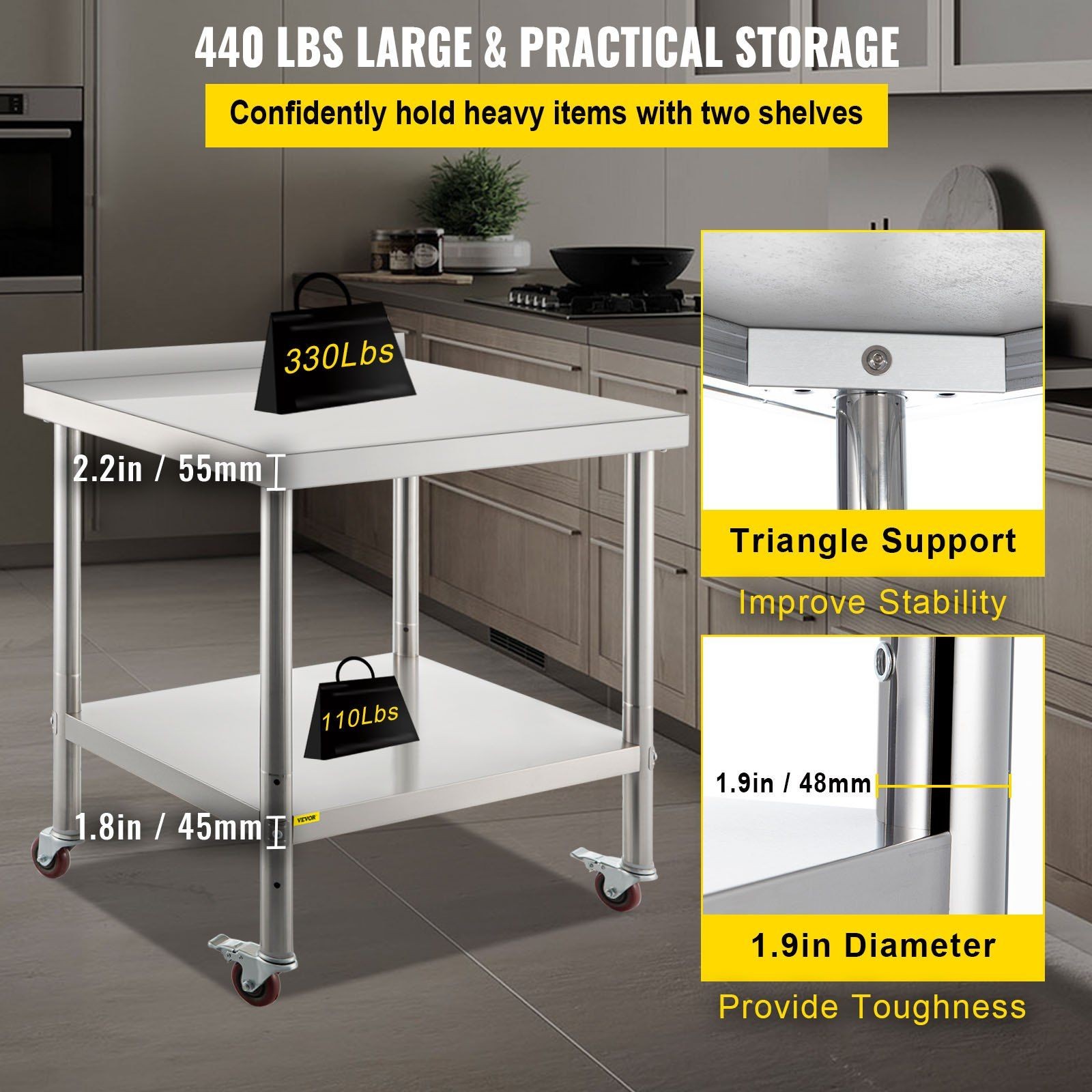 Commercial Stainless Prep Table: 30″x24″, 440lb Load, 3-Tier Shelf, Backsplash