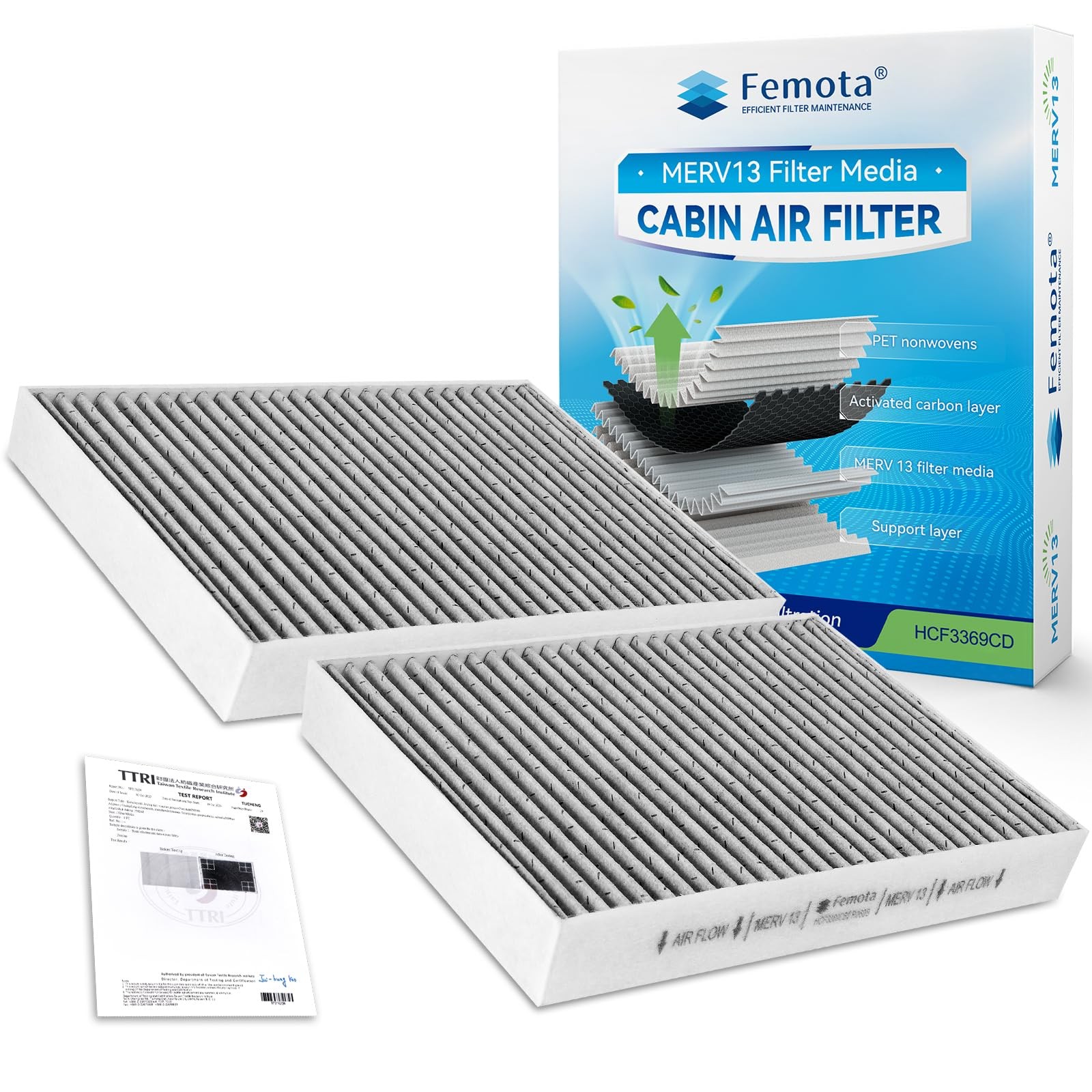 Femota Certified MERV 13 Cabin Air Filter with Activated 6.4″ x 8.9″ x 1.1″