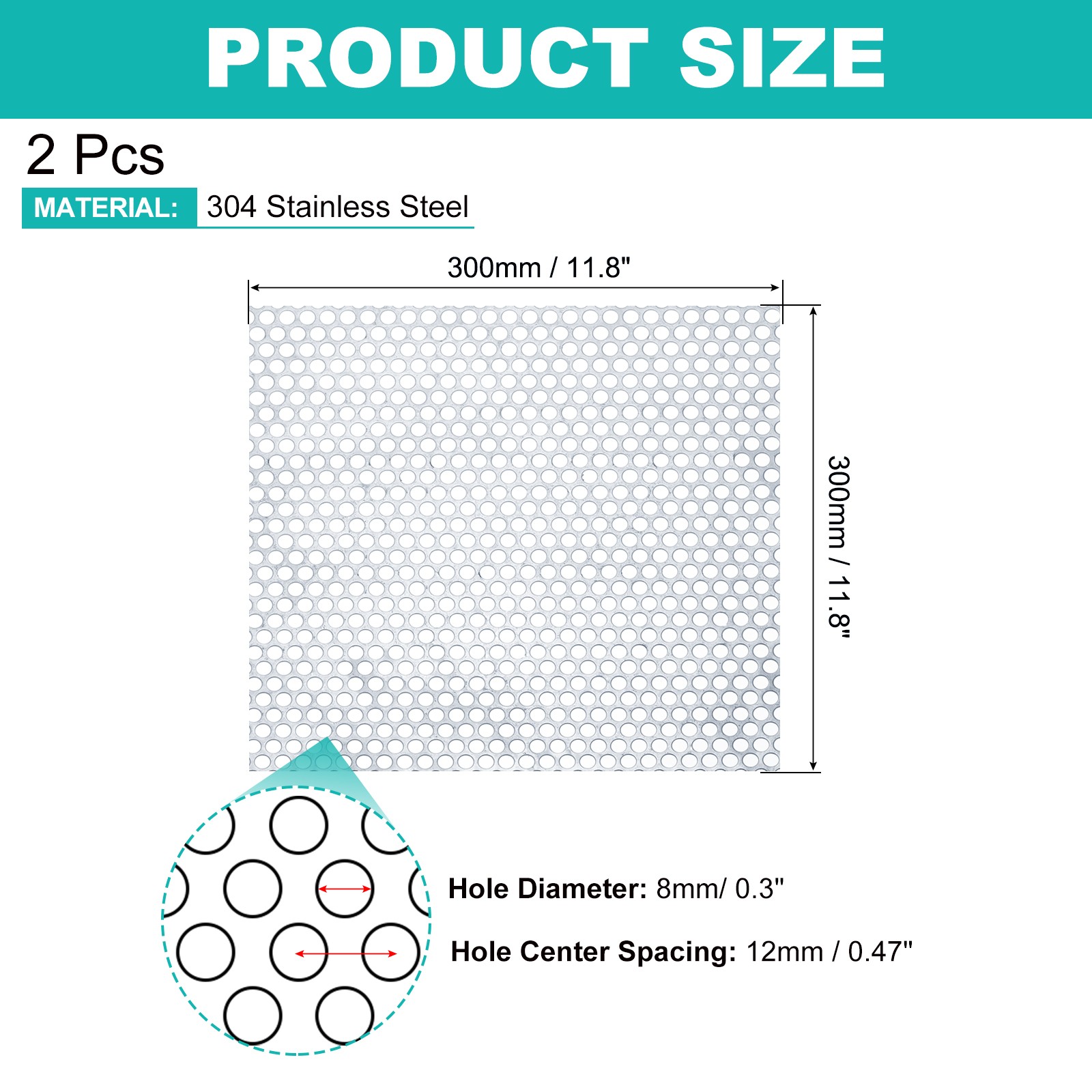 2Pcs 20GA 11.8″ x 11.8″ Round Hole 304 Stainless Steel Perforated Sheet