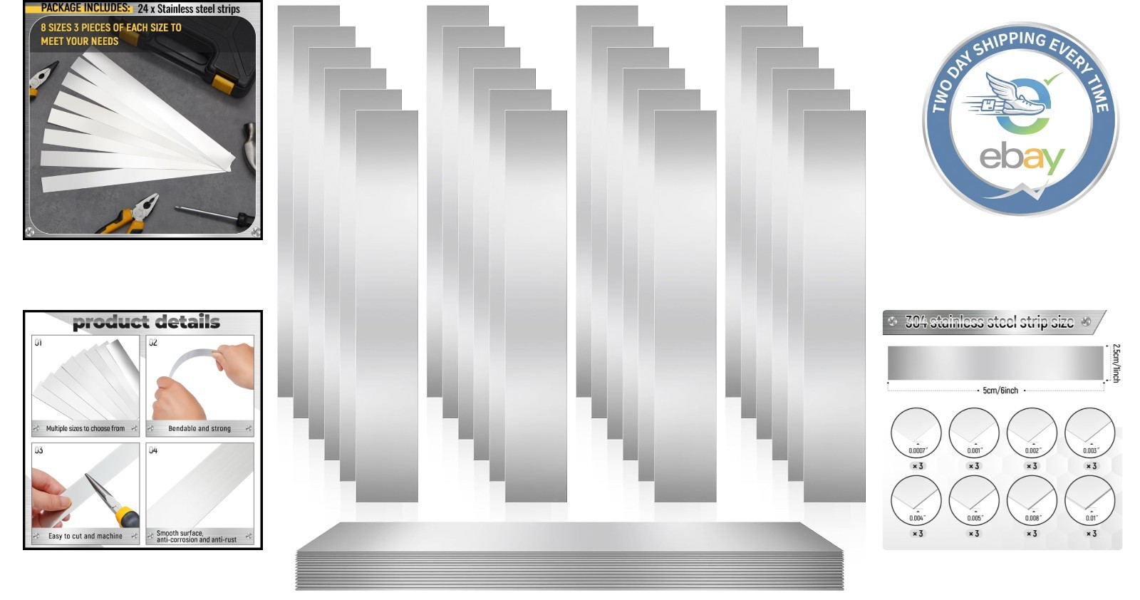 8 Thickness Sizes of 24 Stainless Steel Shim Strips – Durable 1″x6″ Metal Sheets