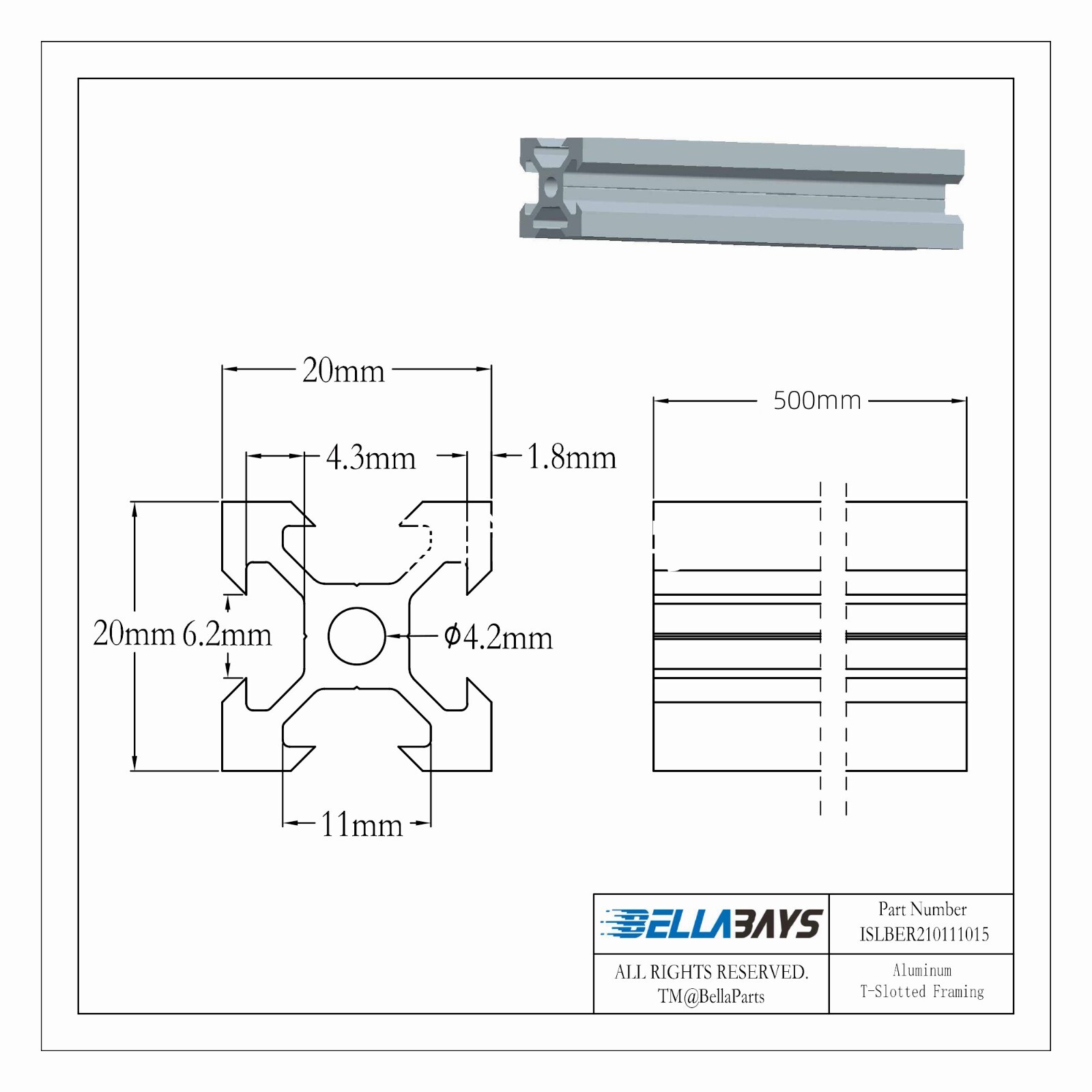 4Pcs 500mm 19.69″ 2020 V Type Slot Aluminum Profile European Standard 20mmx20mm