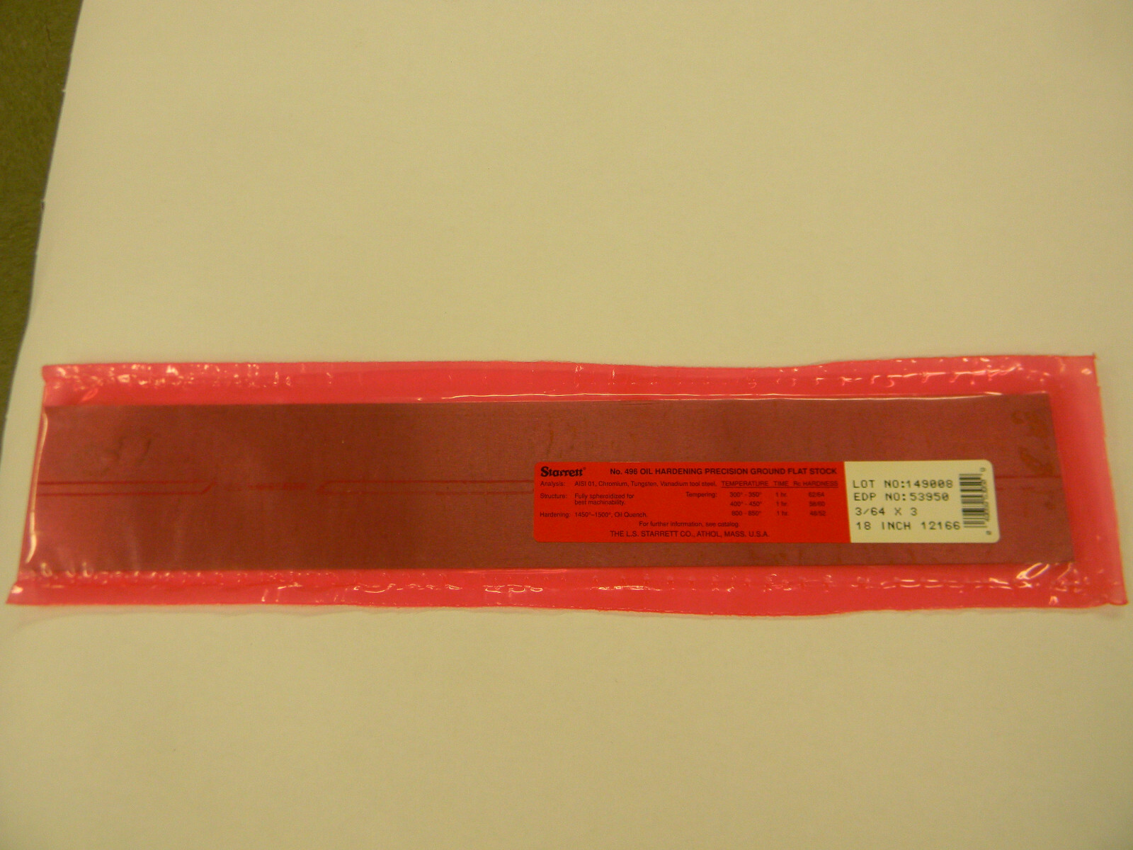 New Starrett 496 Oil Hardening Ground Flat Stock 53950 3/64″ x 3″ x 18″ F2