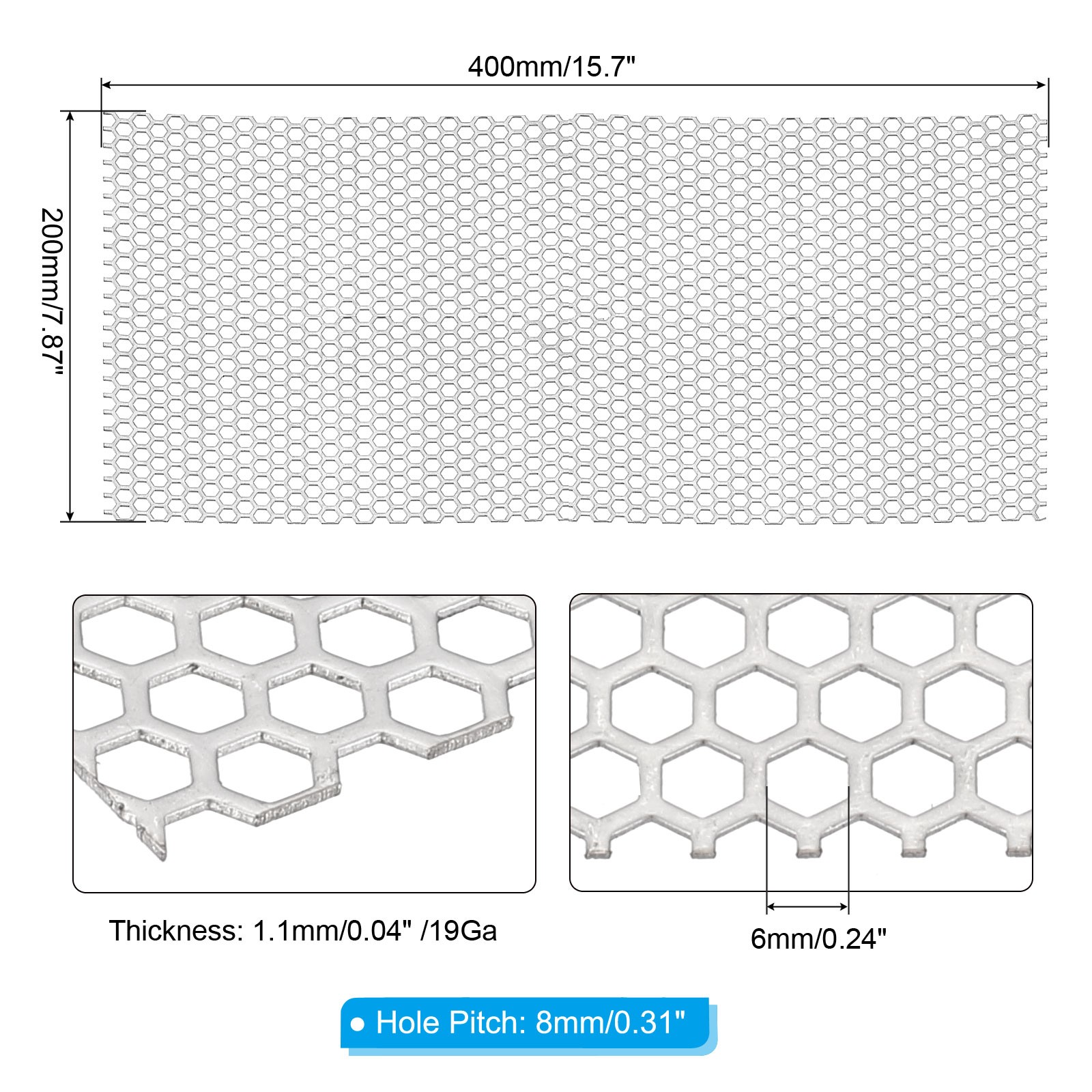 15.7″ x 7.9″ Perforated Metal Sheets, 19Ga 0.24″ Hexagonal Hole Mesh