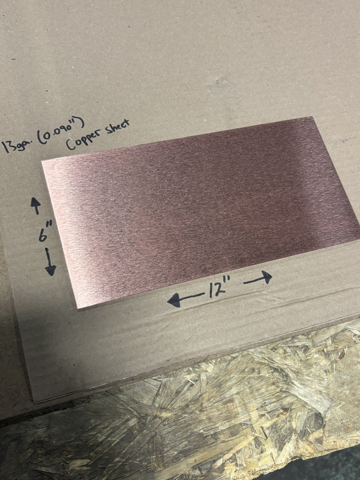 13ga (0.090” Thick) Pure Copper Sheet Metal – 1/4 Hard – 6” x 12” – Brushed