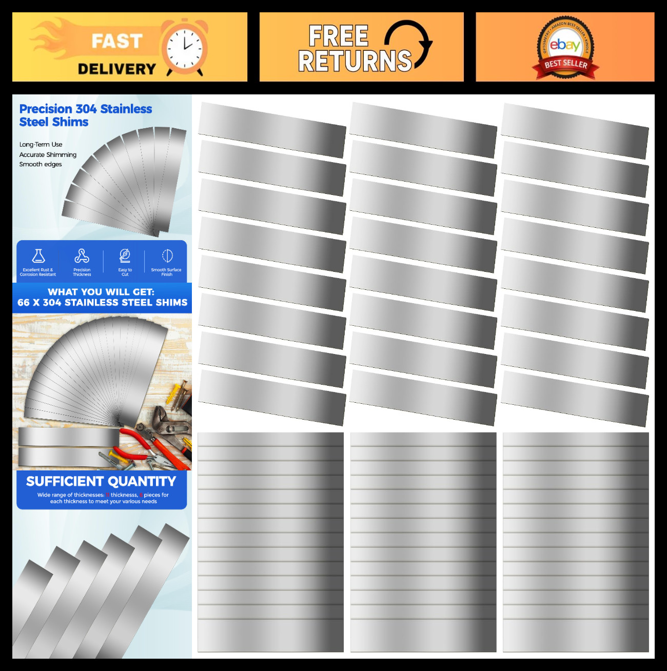 66 Pcs Stainless Steel Shim Stock Set, 11 Thicknesses for Leveling & Alignment