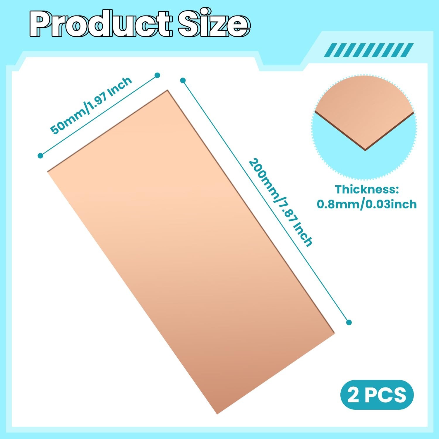 Copper Sheet, 2 Pieces of Copper Plates 8″×2″-20 Gauge(0.8mm) Thickness, 99