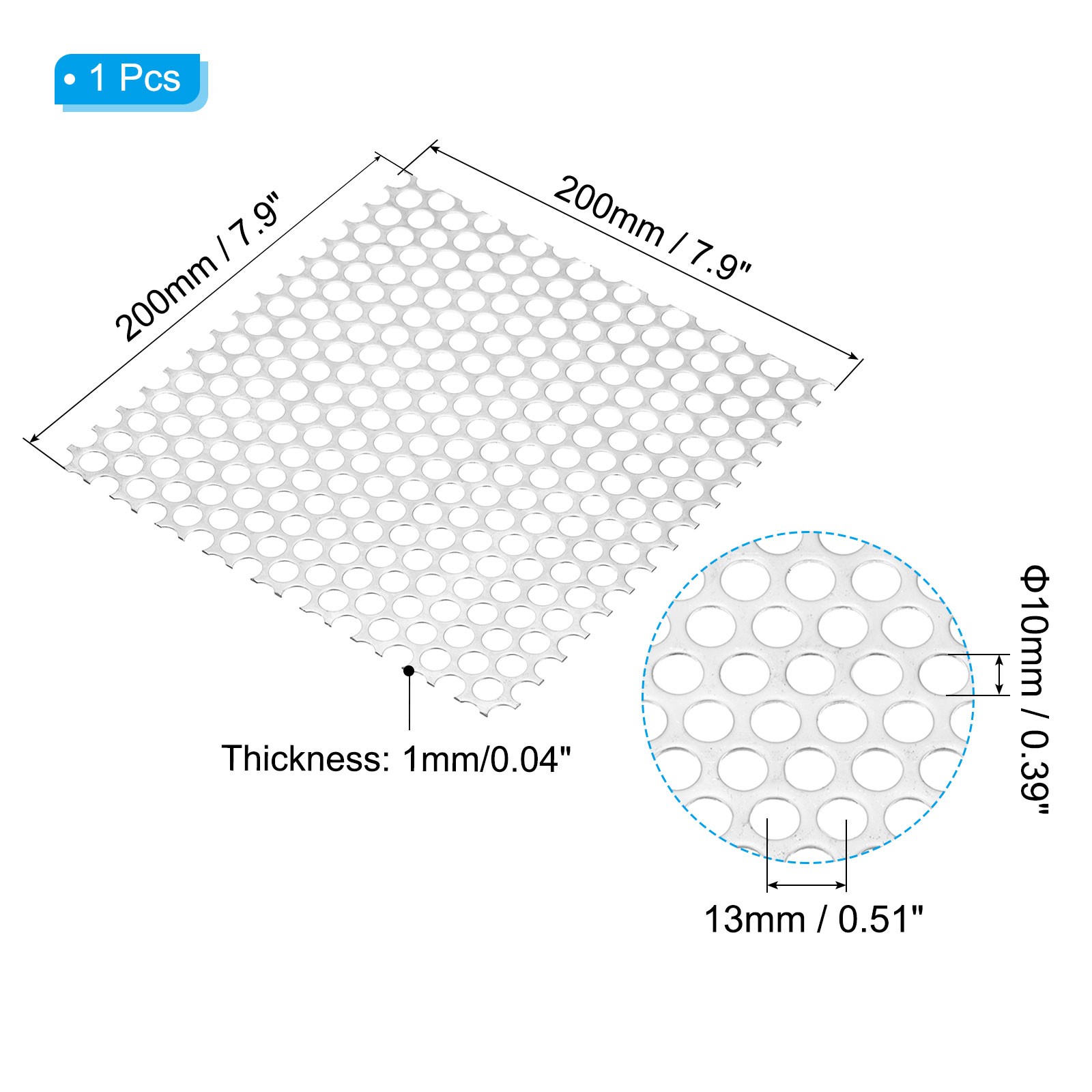 7.9″ L x 7.9″ W Perforated Metal Sheets, 18Ga 0.39″ Hole 304 Stainless Steel