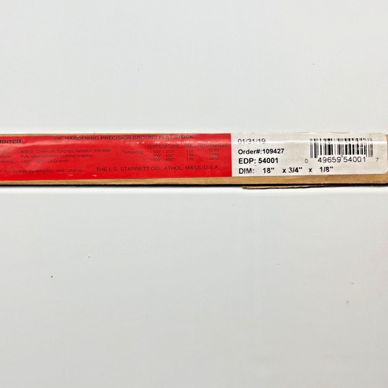 Starrett 54001 Precision Ground Flat Stock No. 496 Oil Hardening 18” USA