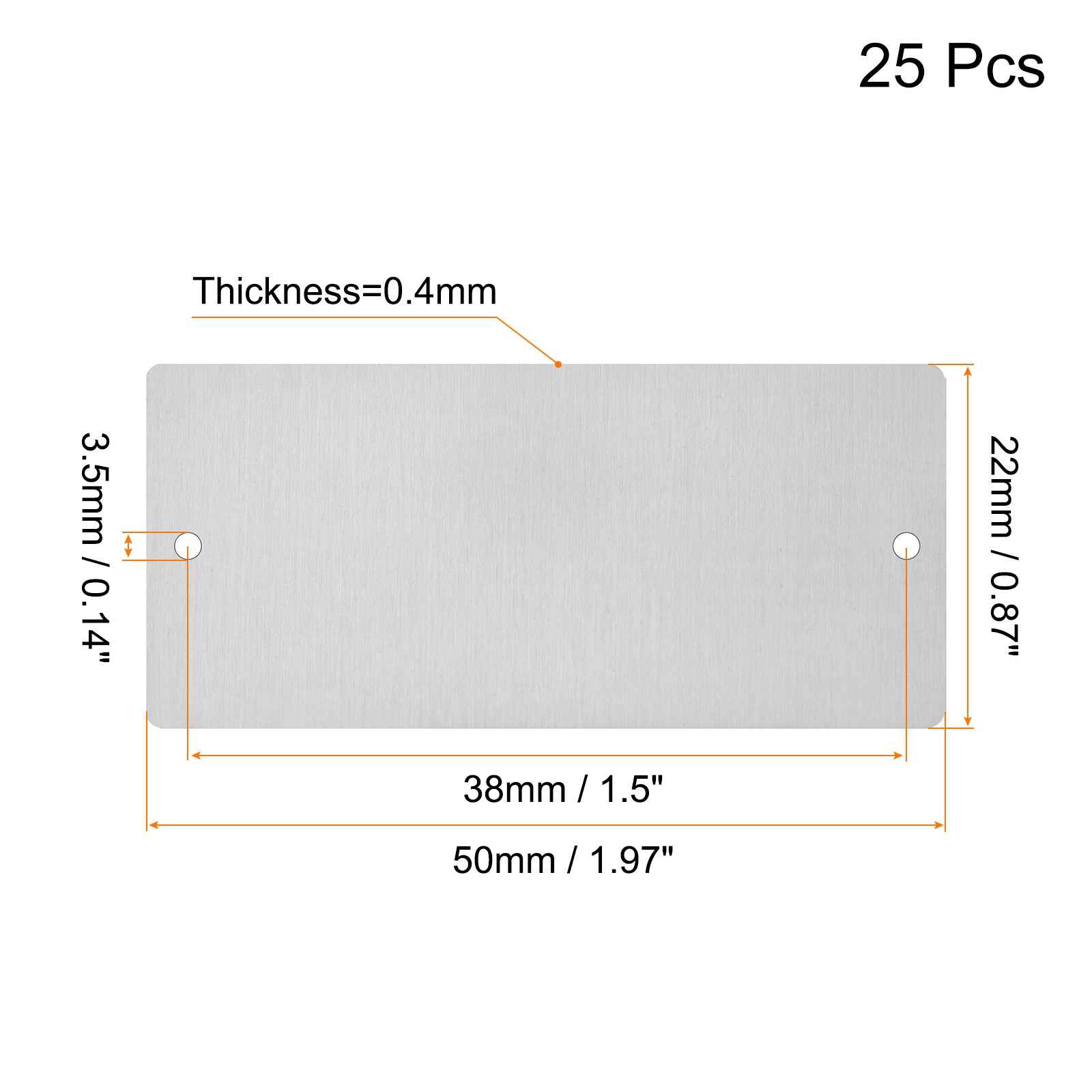 50x22x0.4mm Brushed Stainless Steel Blank Metal Card with Hole Silver Tone 25Pcs