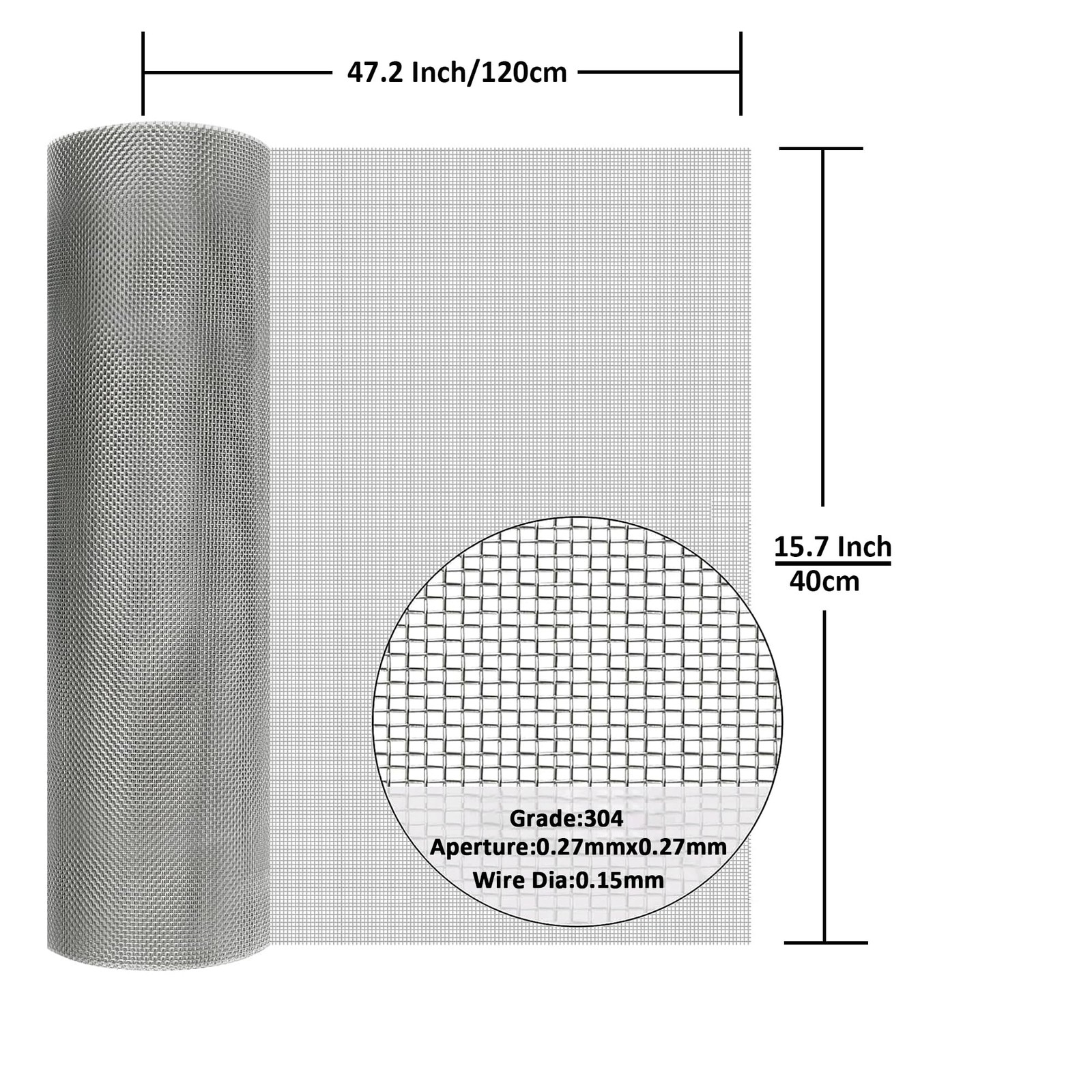 304 Stainless Steel Mesh Screen#60Mesh 15.7inchx47.2inch, Silver