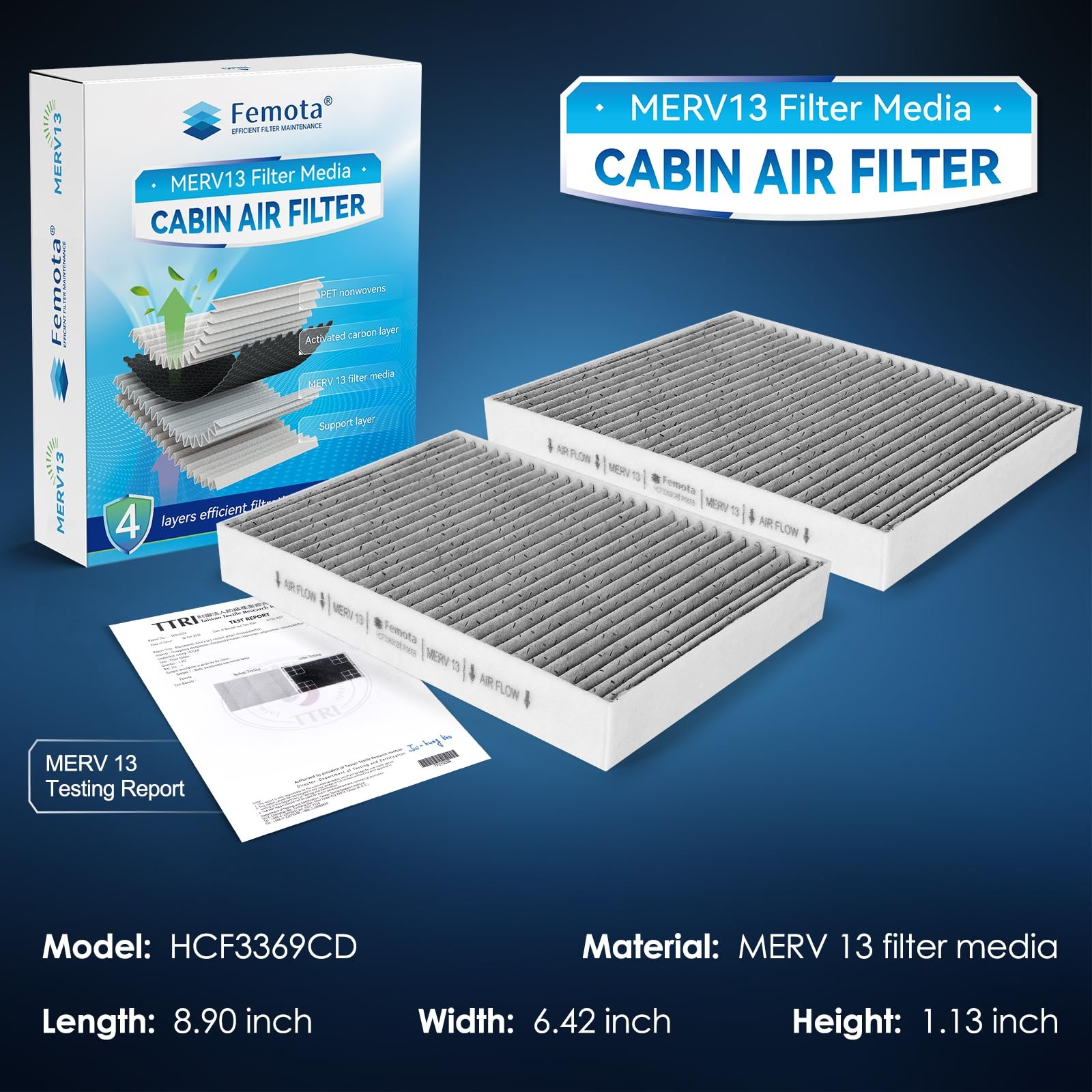 Femota Certified MERV 13 Cabin Air Filter with Activated 6.4″ x 8.9″ x 1.1″