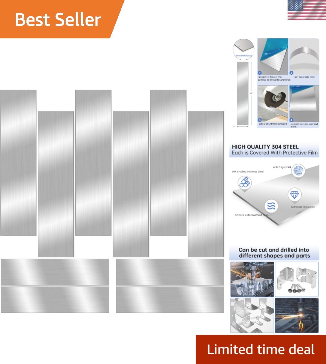 10 Pcs 304 Stainless Steel Strips12″x 3″x 0.02″ Thickness,Brushed Stainless S…