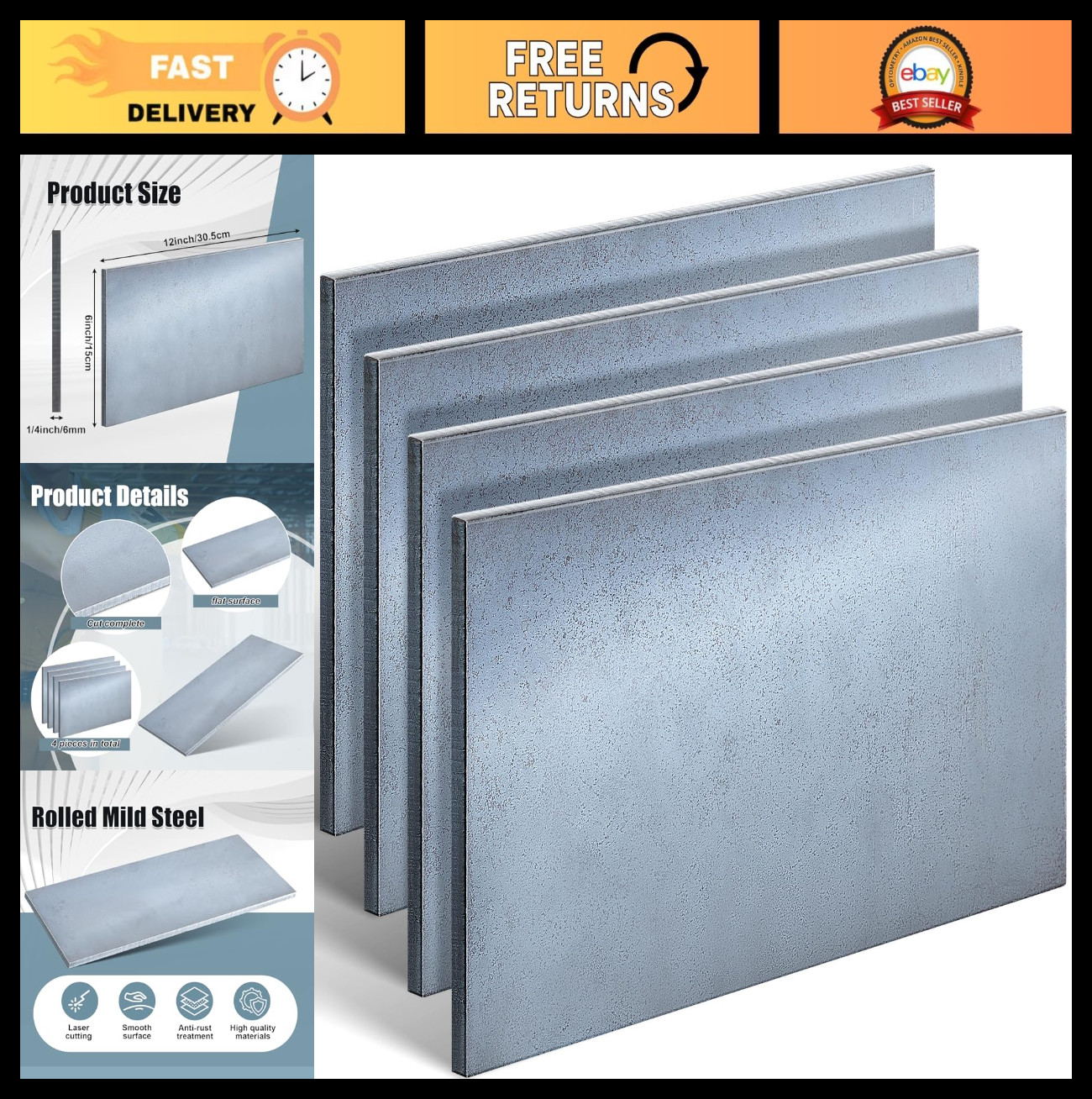 4 Pcs 1/4″ x 6″ x 12″ Hot Rolled Mild Steel Plate – Weldable Flat Stock for Cutt