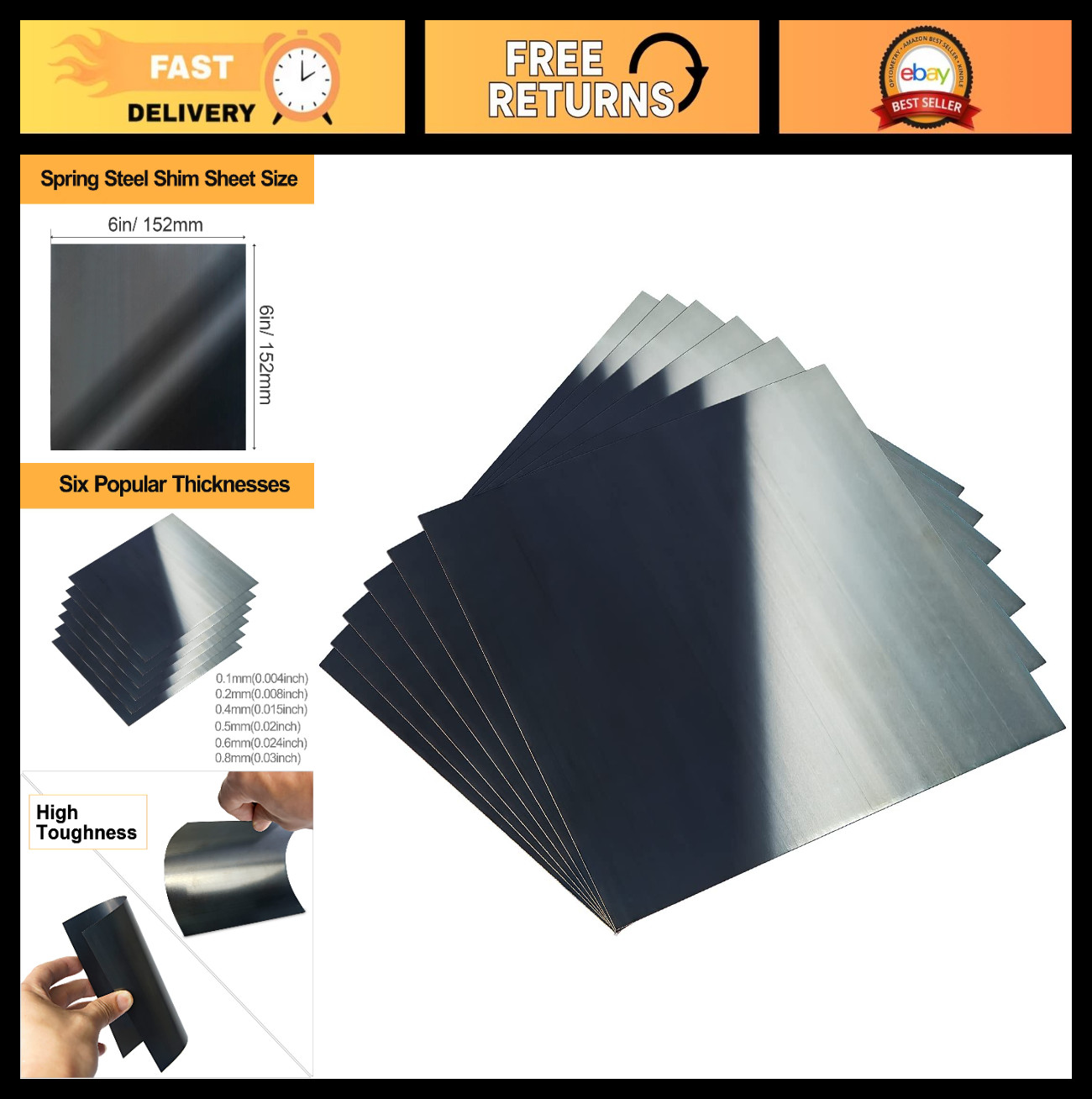 Spring Steel Shim Sheet Assortment, Tempered Polished Finish, 6 Sizes, 6 Pieces