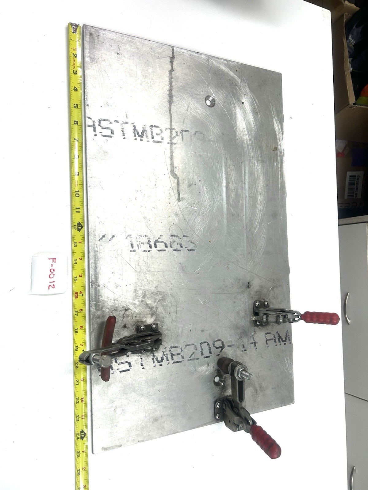 F-0012 Custom Alum Weld Fixtur Plate 18” x 28” with 4 Tog Clam Ass Jig