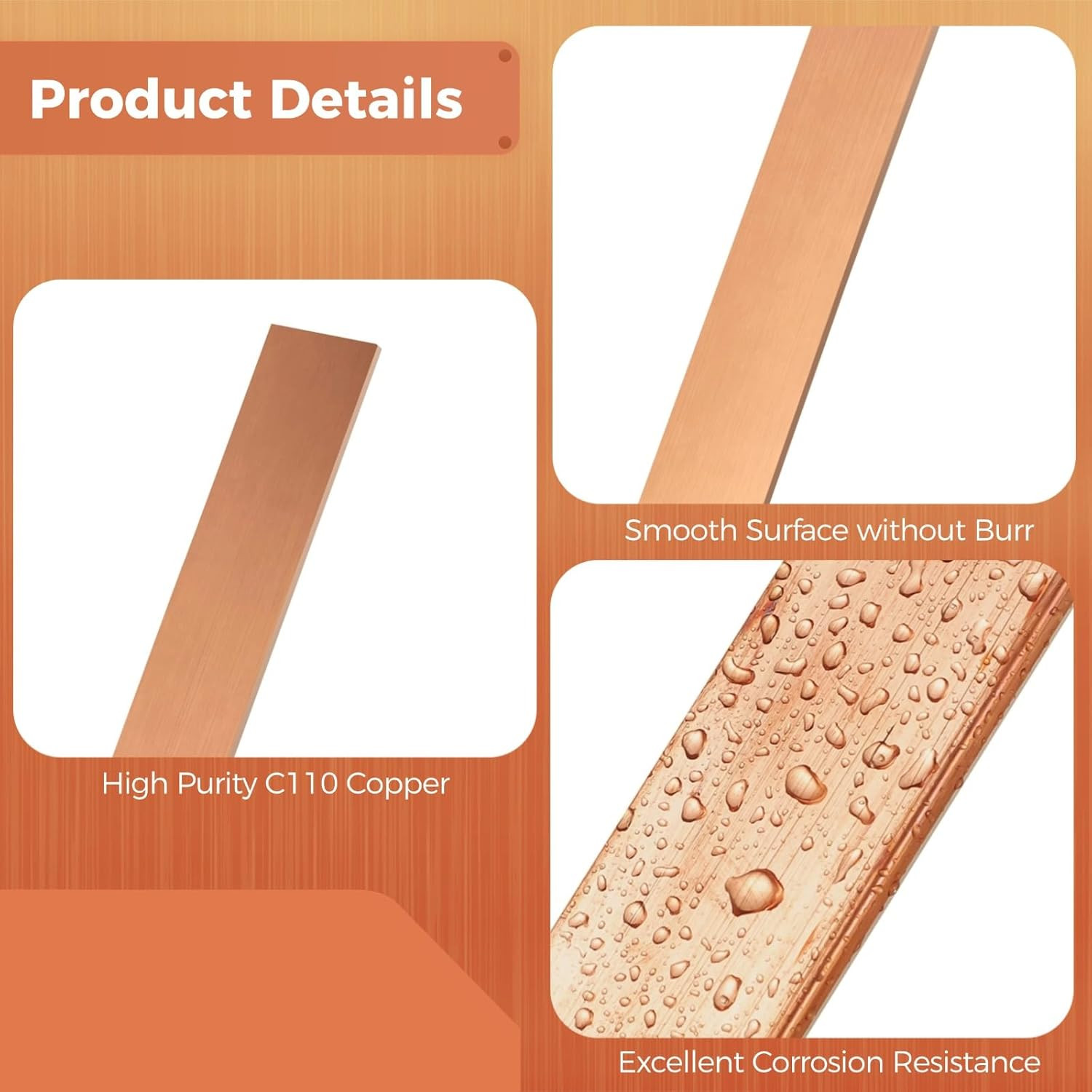 4 PCS Flat Copper Bars – C110 Copper Bus Bar, 1/8 X 1 X 6 Inches Long Solid C…
