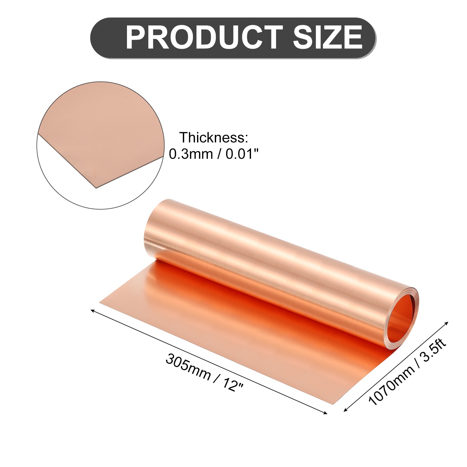 Pure Copper Sheet Roll, 0.3mm 22Ga Thick T2 3.5Ft x 12in Copper Strip for Craft