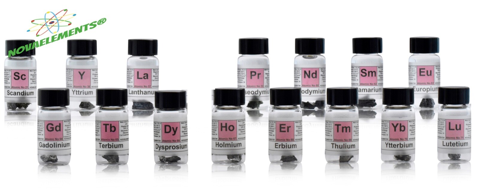 Rare Earth Metals Set Periodic Element Samples 99.95% Pure, Labeled Glass Vials