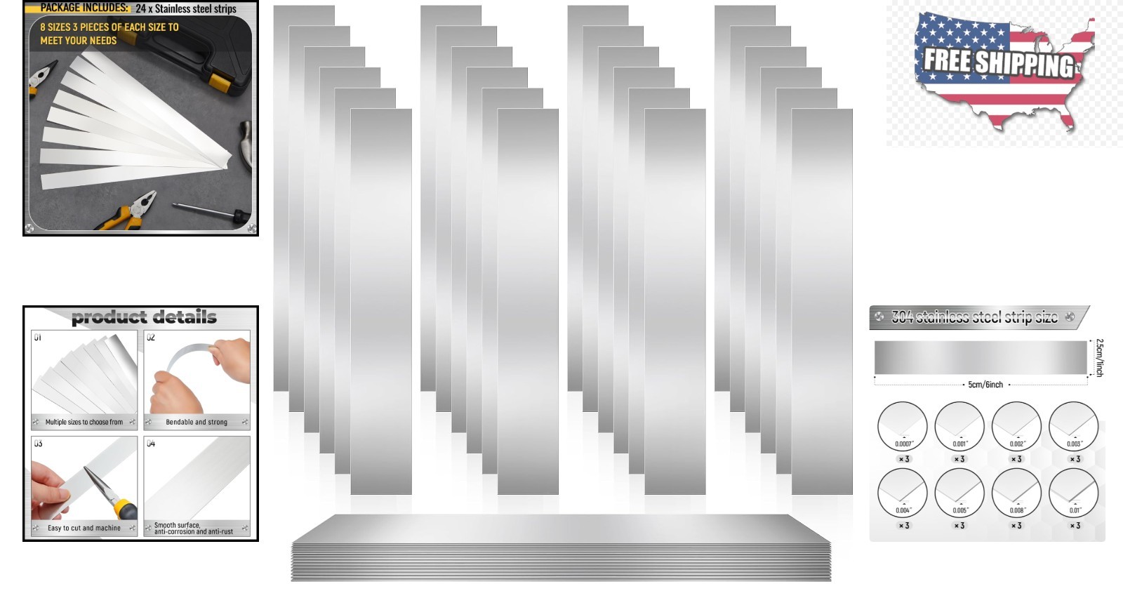 Stainless Steel Shim Strips – 24 Count Assortment for Mechanical Applications