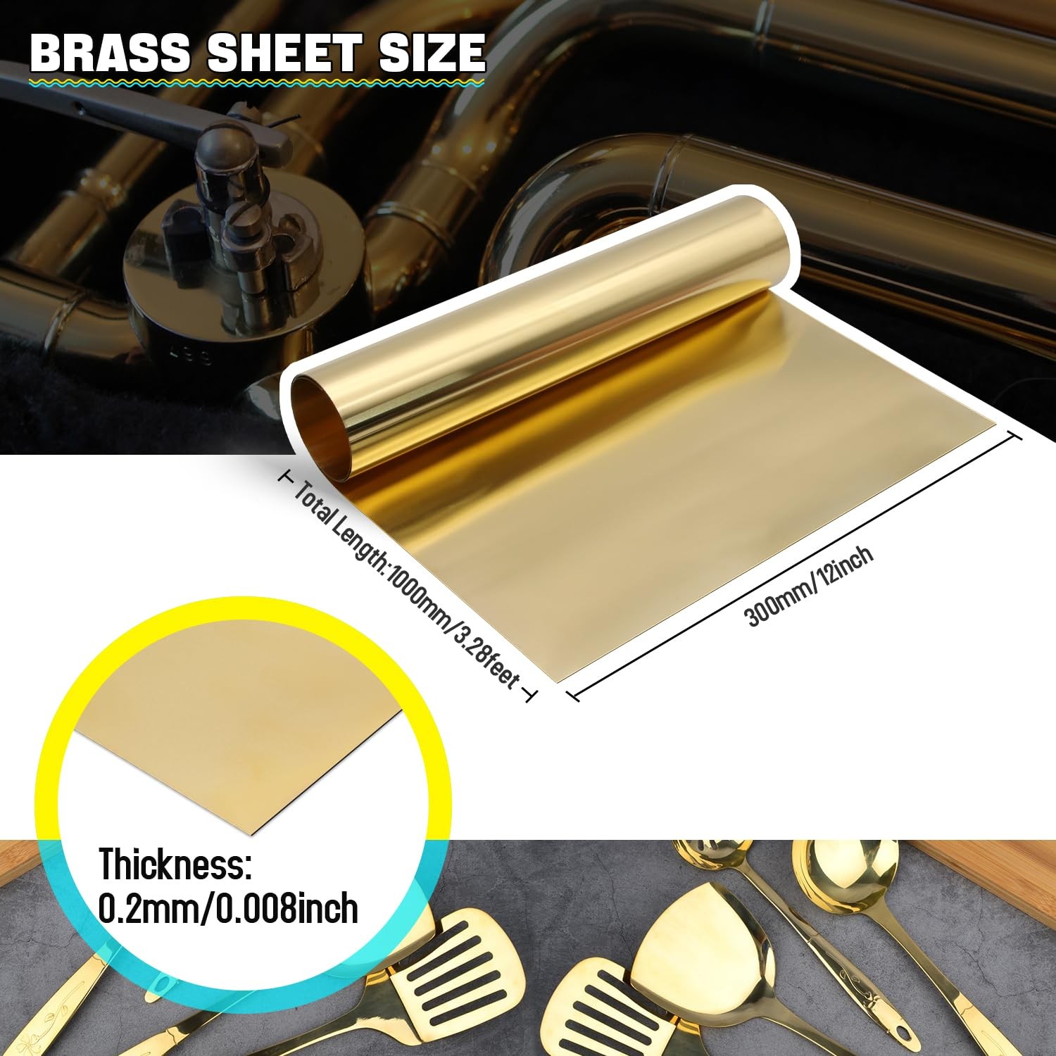 1000x300x0.2mm Brass Sheet Roll Gold Foil for Crafts Electrical DIY Projects