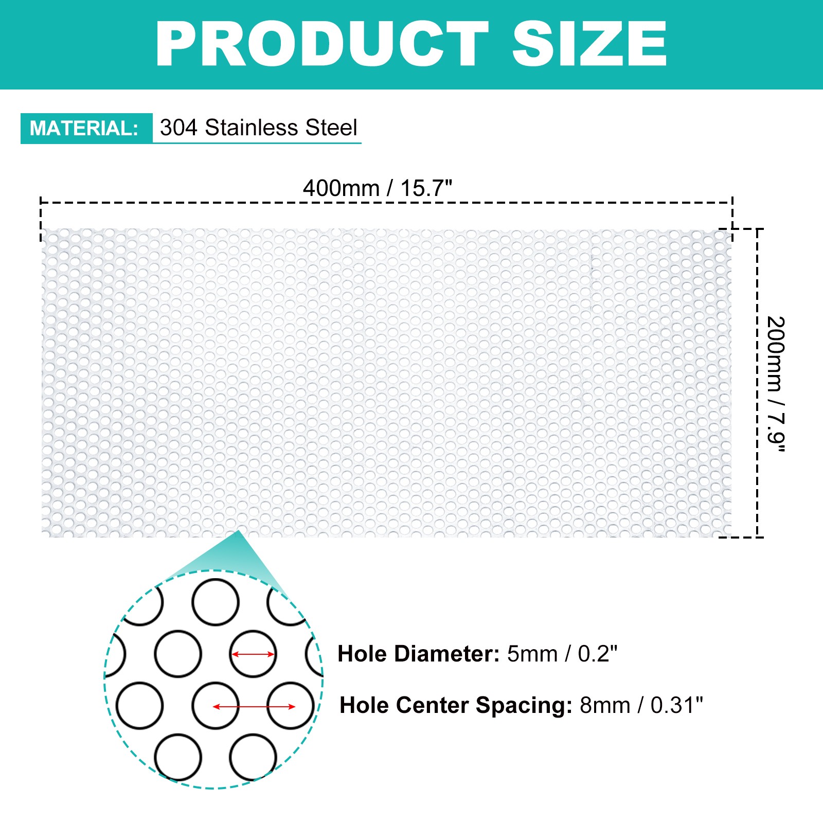 15.7″x7.9″ 304 Stainless Steel Perforated Sheet 0.2″ Hole Metal Mesh Plate